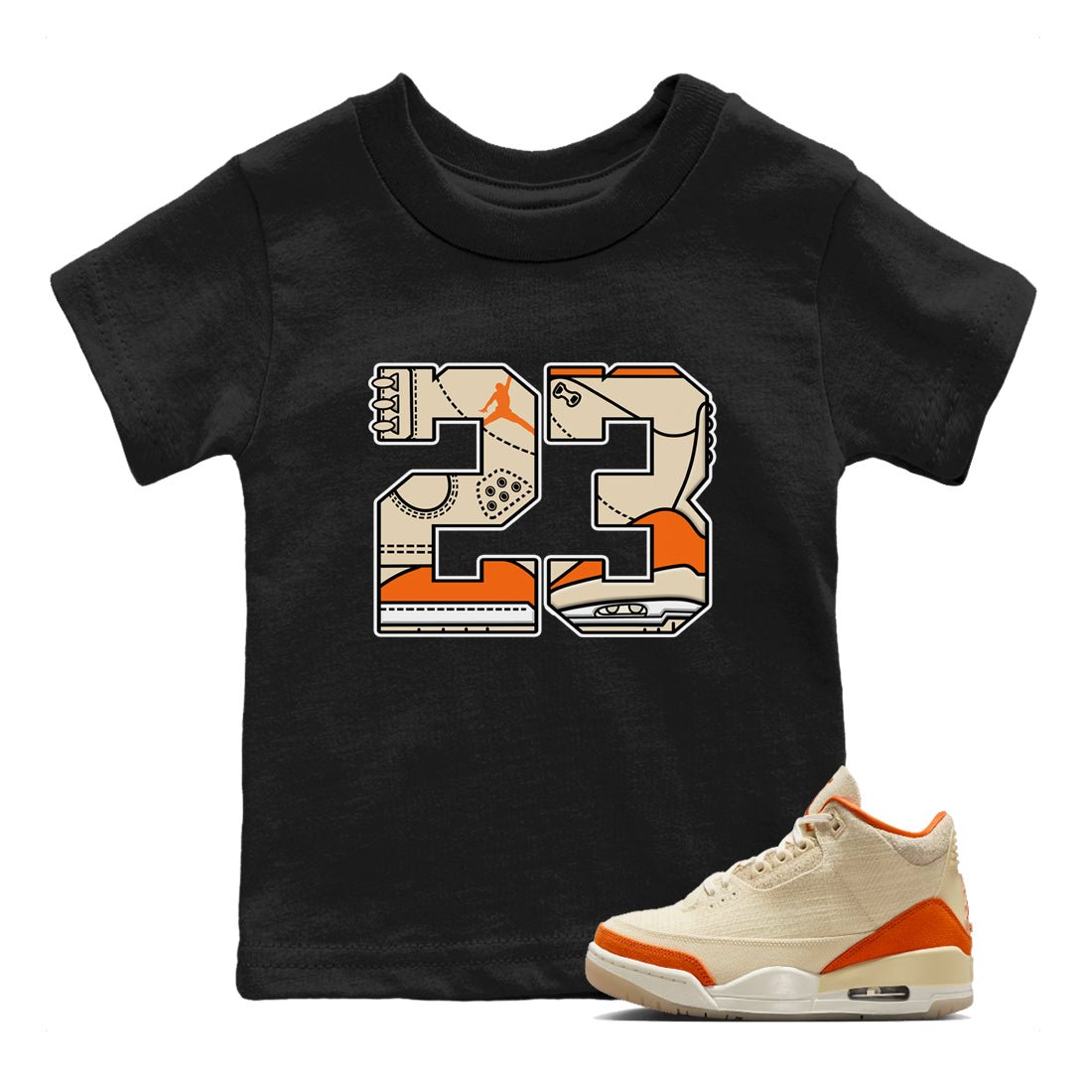 23 baby and kids t-shirt crafted for little sneakerheads to shine with the Air Jordan 3 Starfish sneakers, displayed in Black 1.