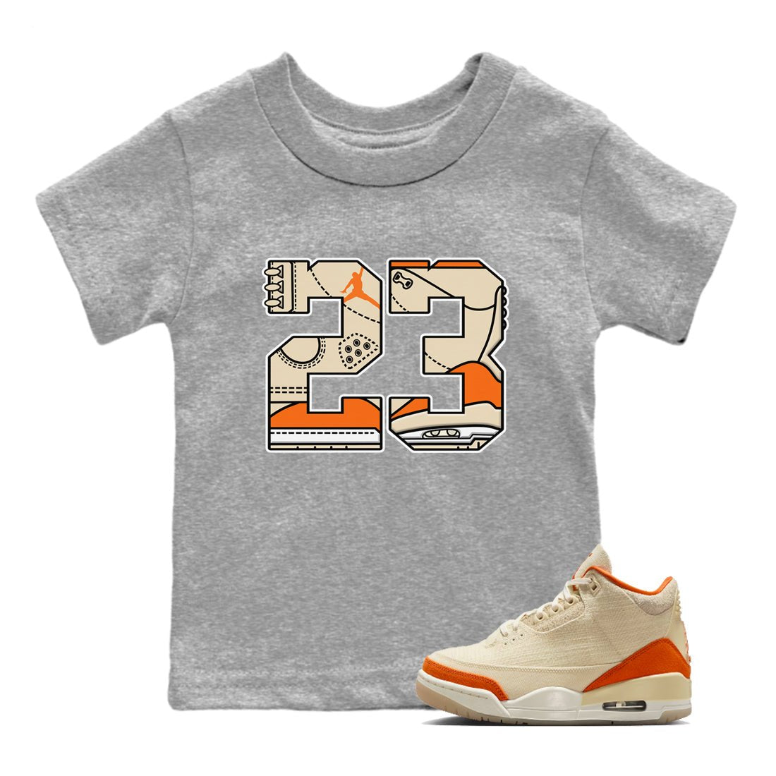 23 baby and kids t-shirt crafted for little sneakerheads to shine with the Air Jordan 3 Starfish sneakers, displayed in Heather Grey 1.
