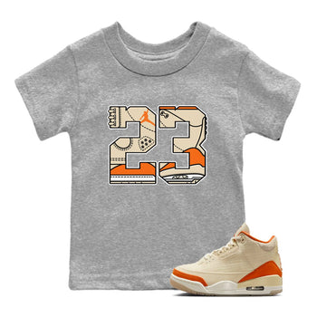 23 baby and kids t-shirt crafted for little sneakerheads to shine with the Air Jordan 3 Starfish sneakers, displayed in Heather Grey 1.