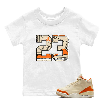 23 baby and kids t-shirt crafted for little sneakerheads to shine with the Air Jordan 3 Starfish sneakers, displayed in White 1.