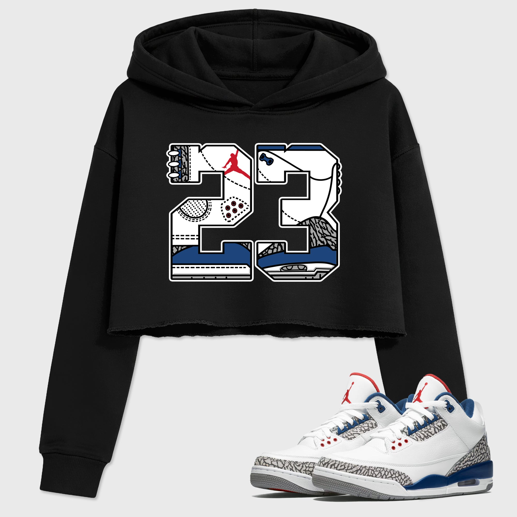23 Women’s Graphic Crop Tee featuring original streetwear artwork designed to match the Air Jordan 3 True Blue. Black 1 Crop Tee.