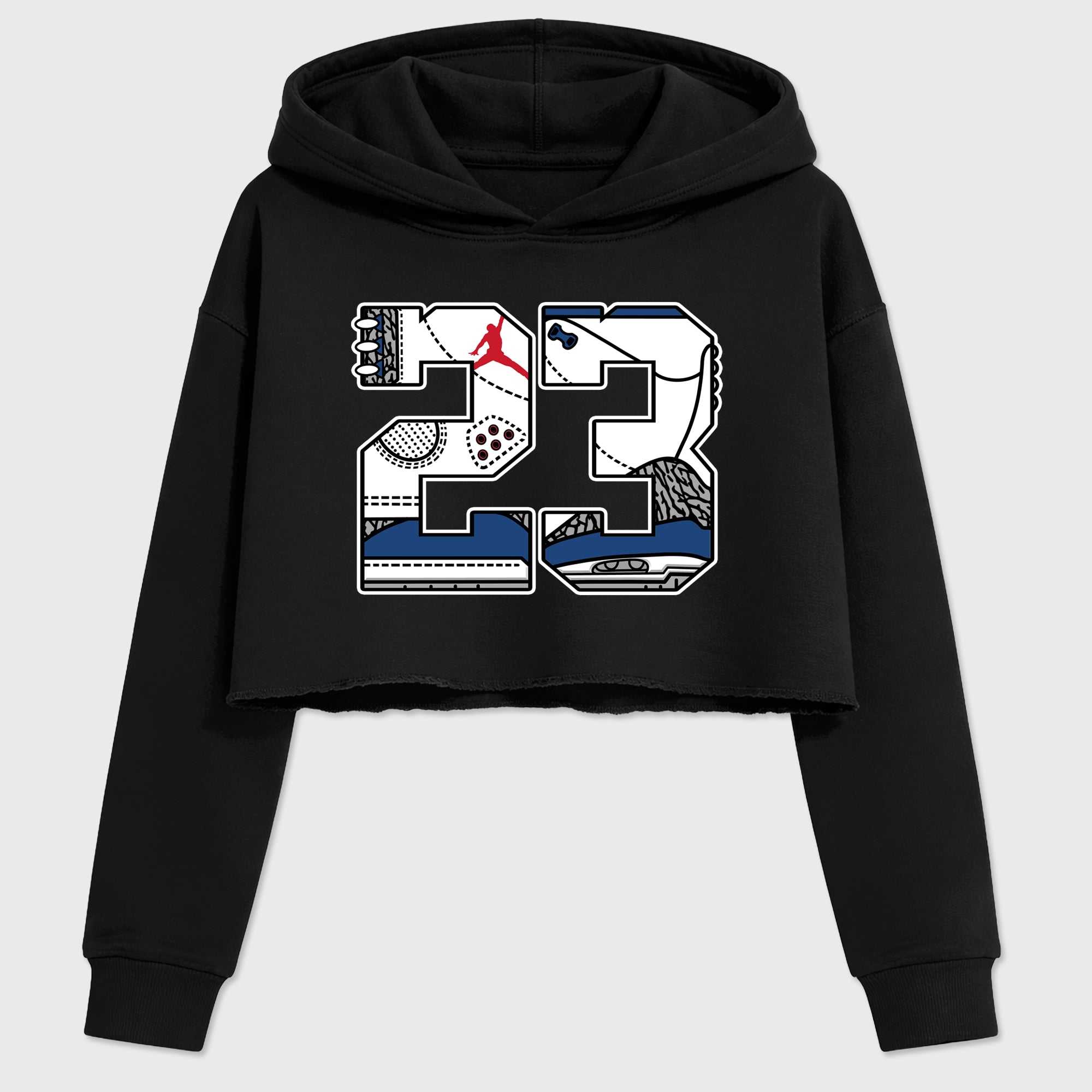 23 Women’s Graphic Crop Tee featuring original streetwear artwork designed to match the Air Jordan 3 True Blue. Black 2 Crop Tee.