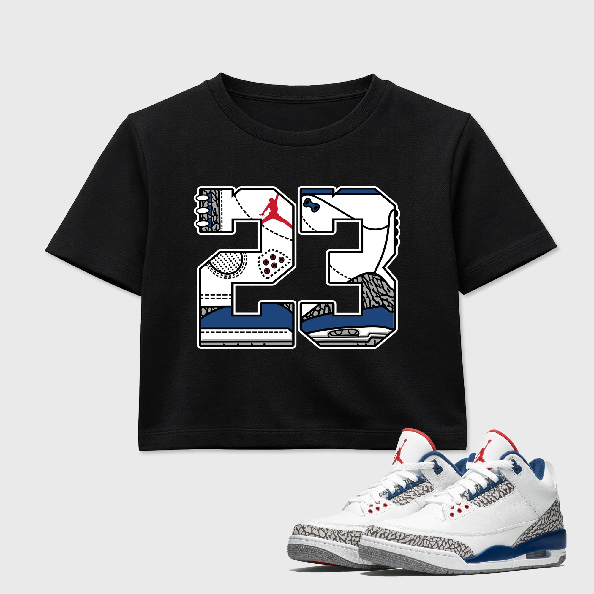 23 women’s crop tee designed to match the Air Jordan 3 True Blue, featuring coordinated Black 1 options for a perfect streetwear vibe.