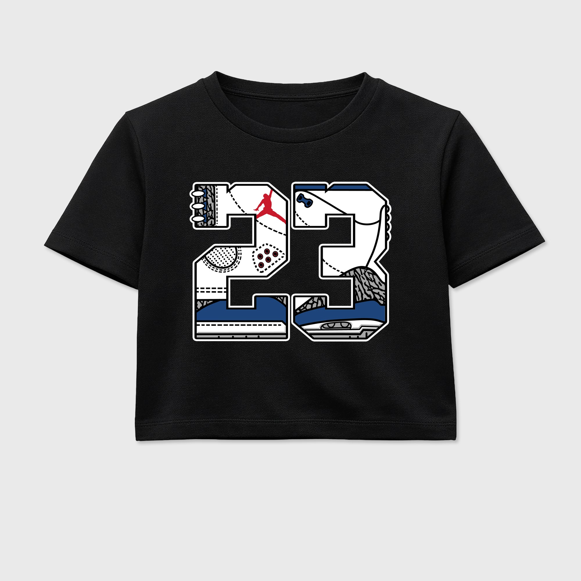 23 women’s crop tee designed to match the Air Jordan 3 True Blue, featuring coordinated Black 2 options for a perfect streetwear vibe.