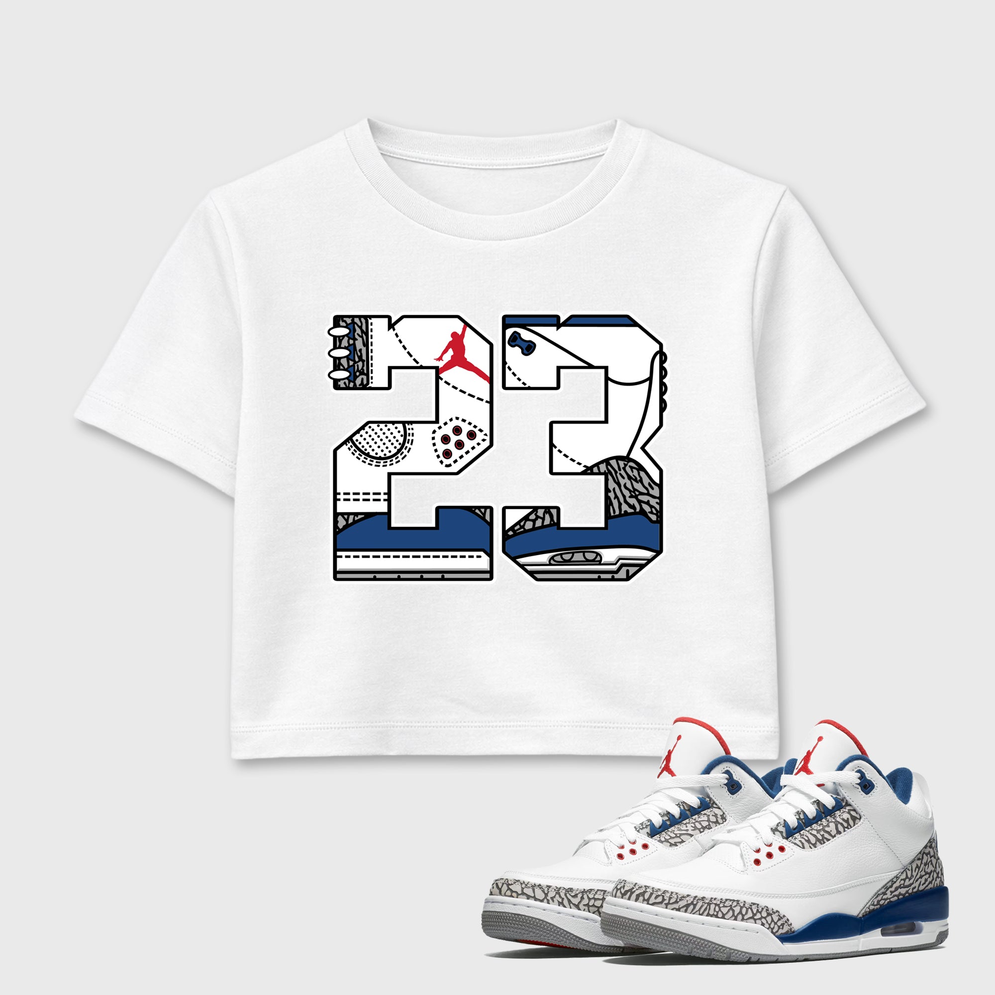23 women’s crop tee designed to match the Air Jordan 3 True Blue, featuring coordinated White 1 options for a perfect streetwear vibe.
