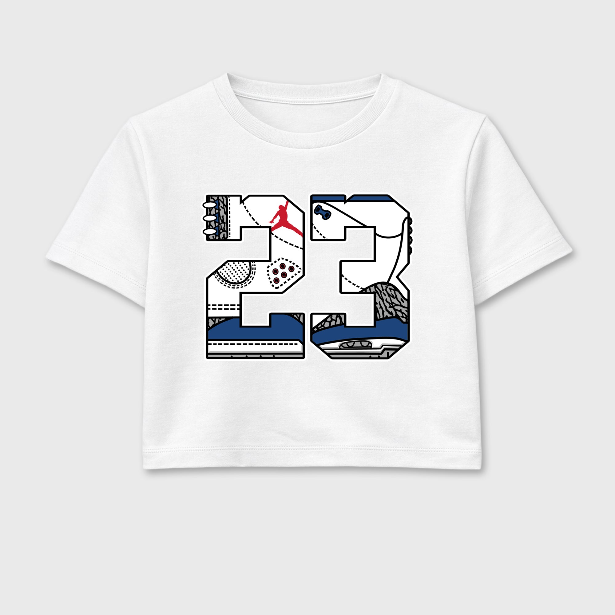 23 women’s crop tee designed to match the Air Jordan 3 True Blue, featuring coordinated White 2 options for a perfect streetwear vibe.