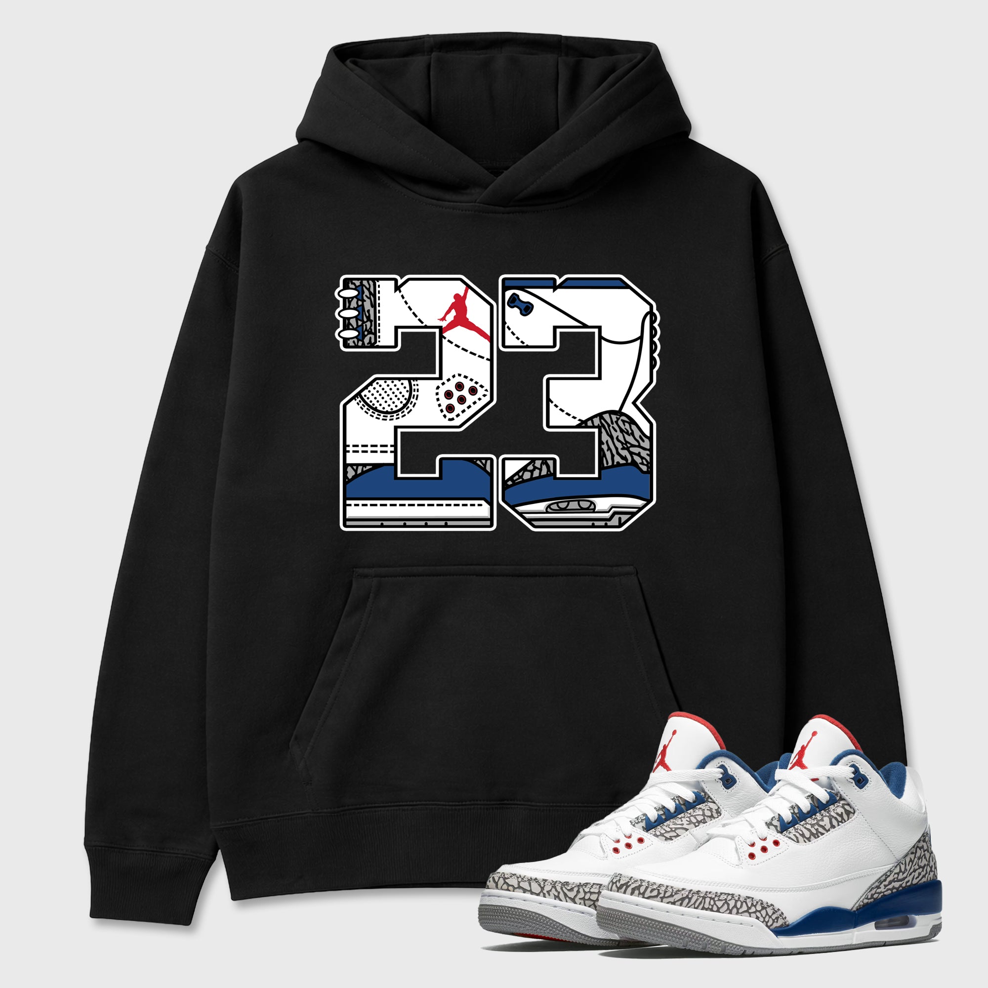 23 Graphic T-Shirt featuring original streetwear artwork designed to match the Air Jordan 3 True Blue. Black 1 Graphic Tee.
