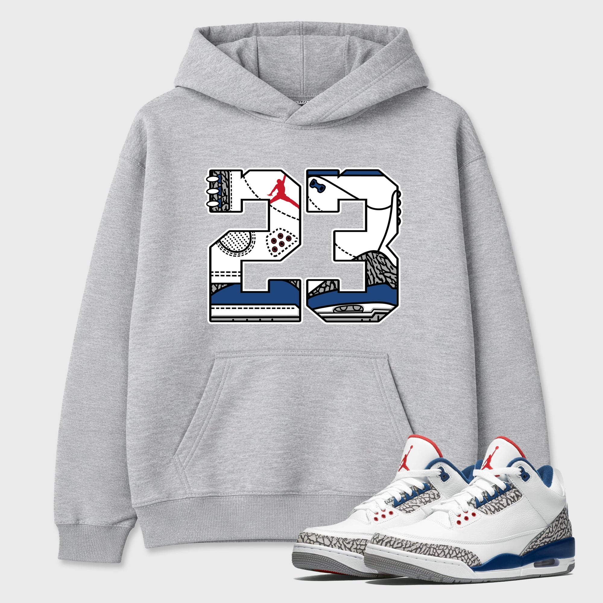 23 Graphic T-Shirt featuring original streetwear artwork designed to match the Air Jordan 3 True Blue. Heather Grey 1 Graphic Tee.
