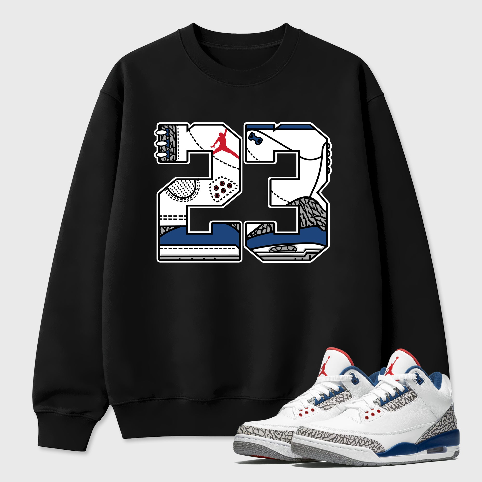 23 Graphic T-Shirt featuring original streetwear artwork designed to match the Air Jordan 3 True Blue. Black 1 Graphic Tee.