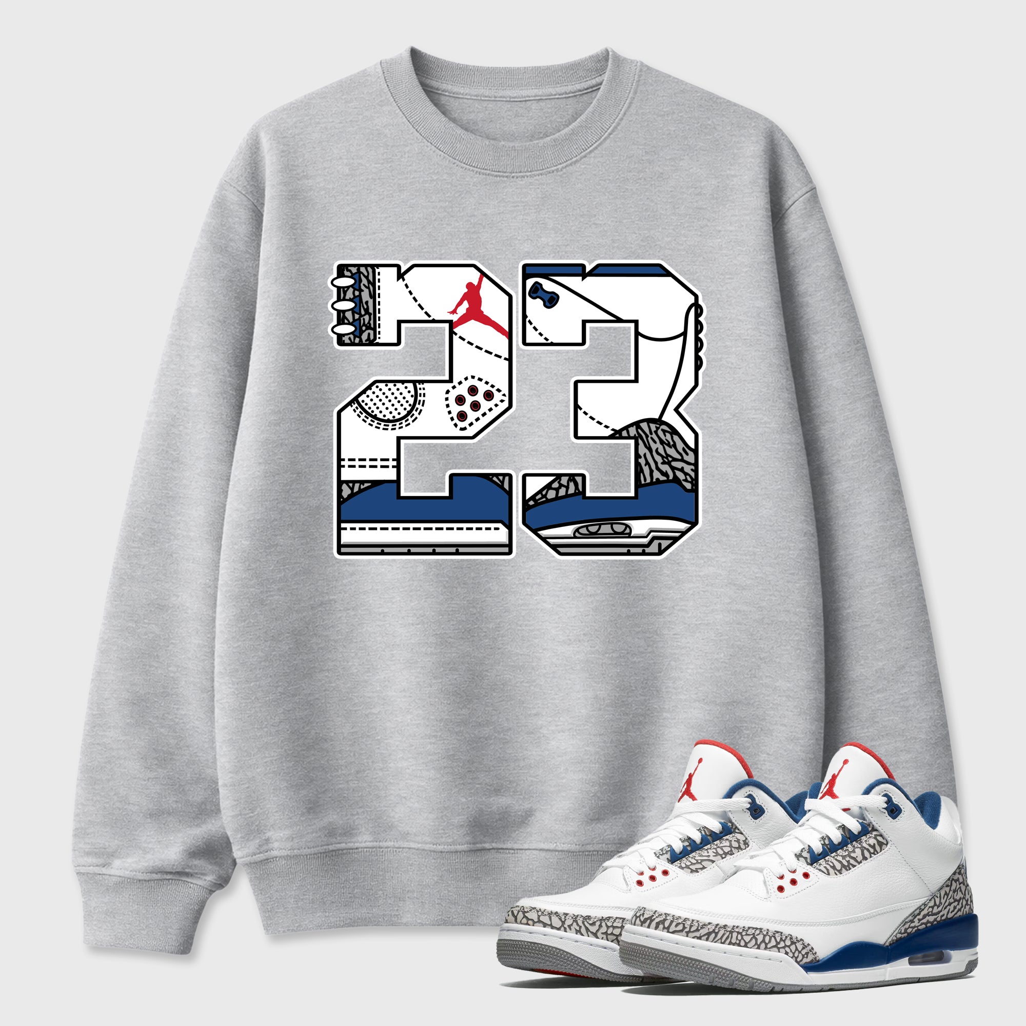23 Graphic T-Shirt featuring original streetwear artwork designed to match the Air Jordan 3 True Blue. Heather Grey 1 Graphic Tee.