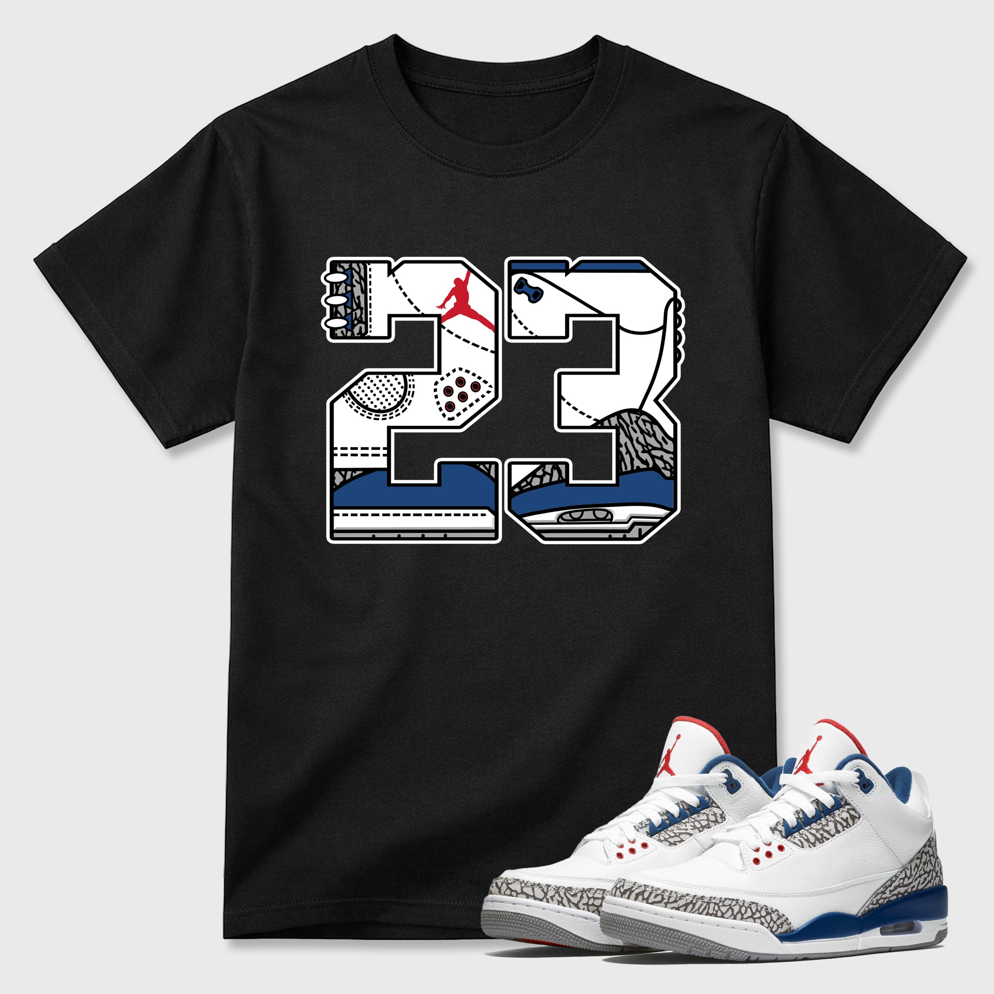 23 Graphic T-Shirt featuring original streetwear artwork designed to match the Air Jordan 3 True Blue. Black 1 Graphic T-Shirt.