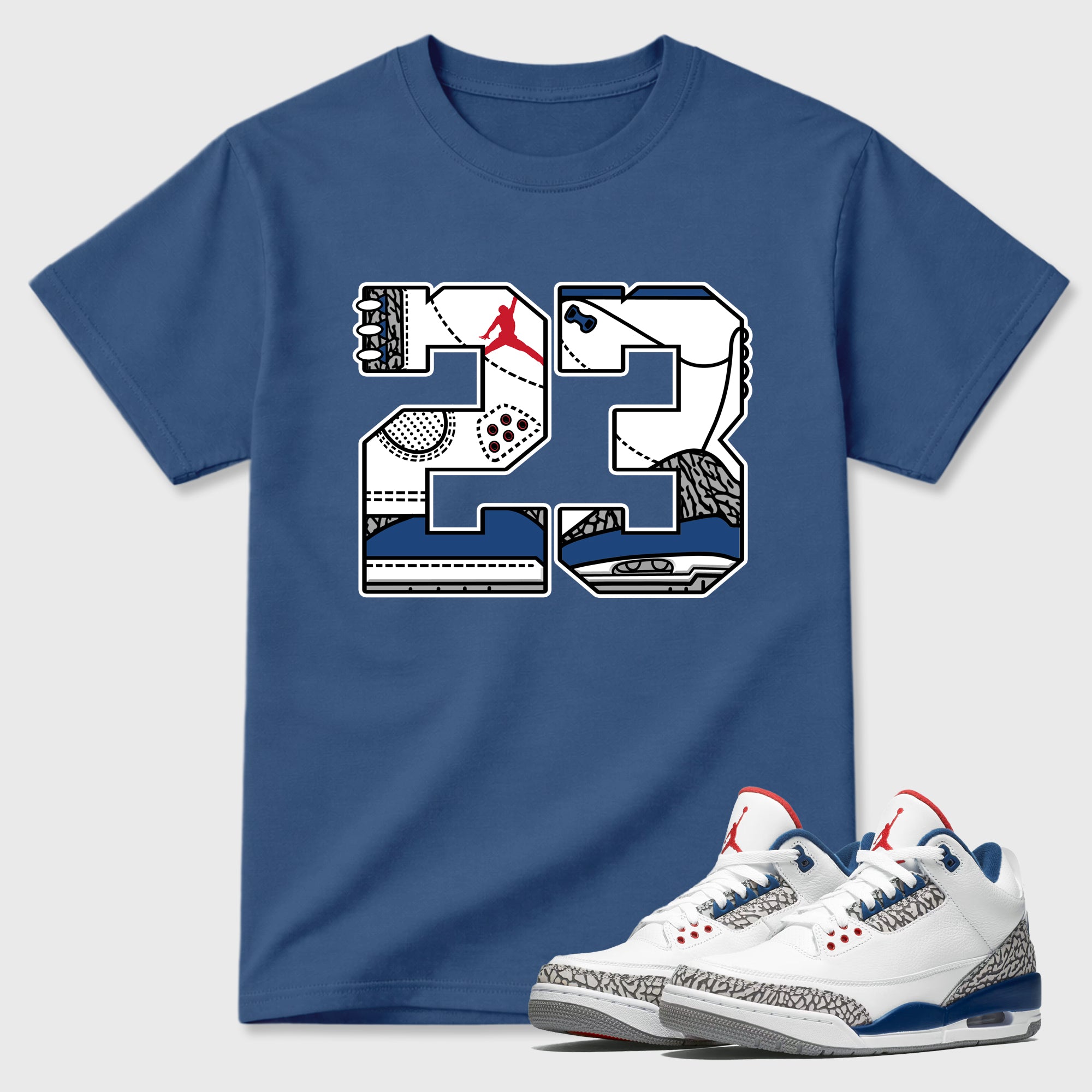 23 Graphic T-Shirt featuring original streetwear artwork designed to match the Air Jordan 3 True Blue. Denim Blue 1 Graphic T-Shirt.