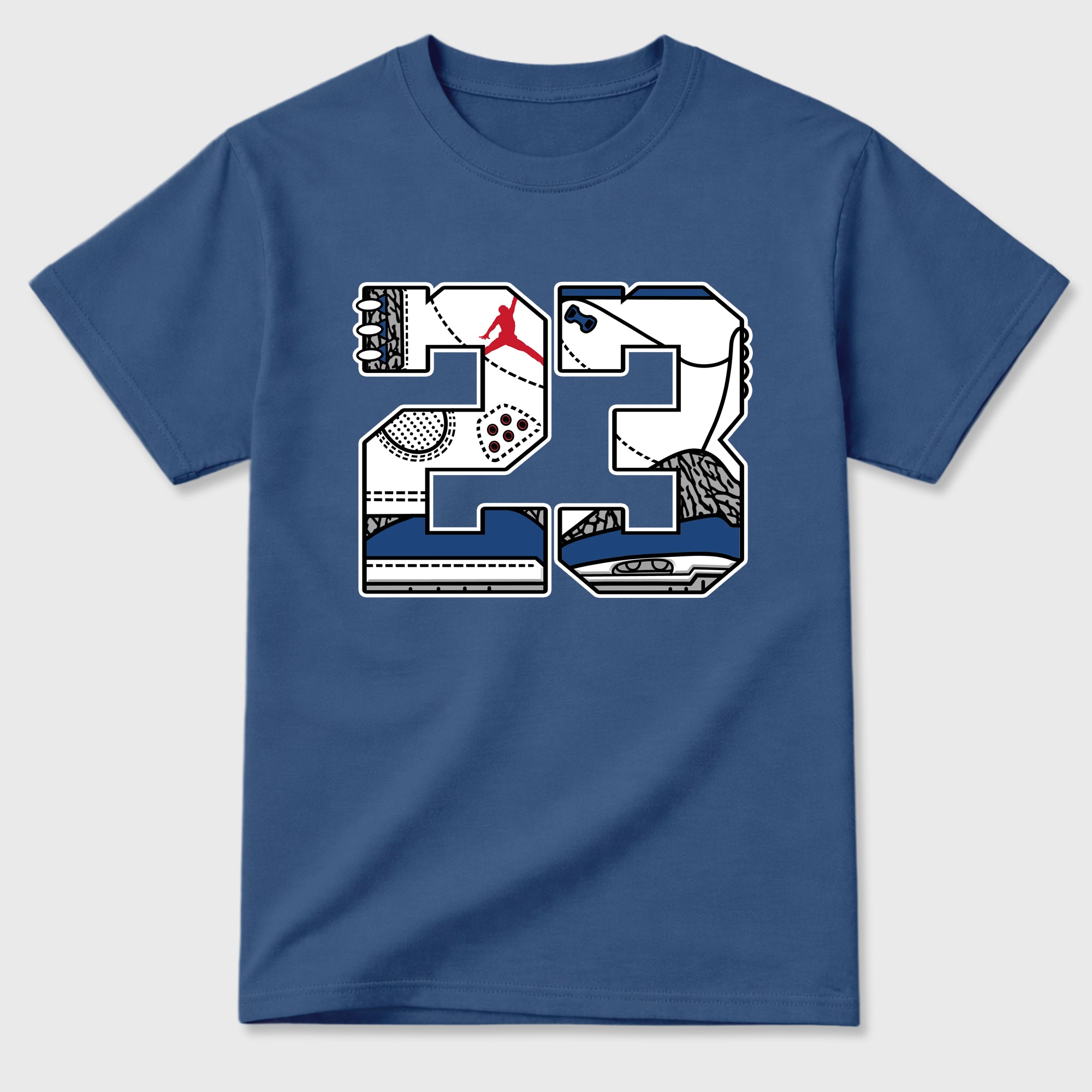 23 Graphic T-Shirt featuring original streetwear artwork designed to match the Air Jordan 3 True Blue. Denim Blue 2 Graphic T-Shirt.