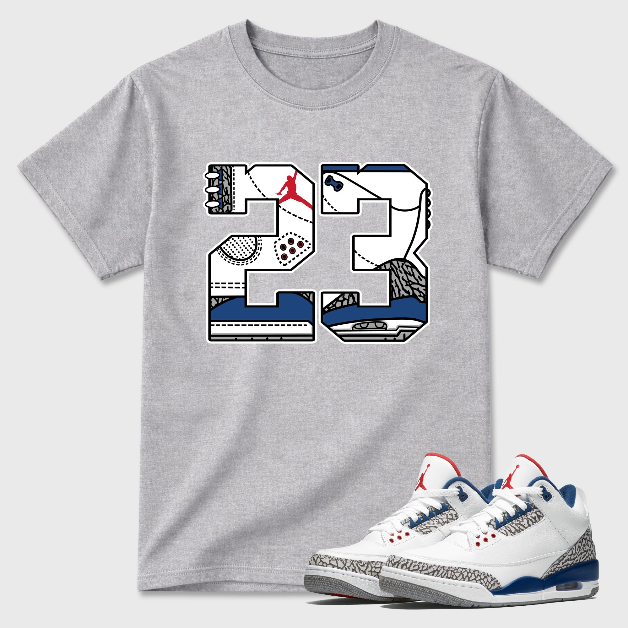 23 Graphic T-Shirt featuring original streetwear artwork designed to match the Air Jordan 3 True Blue. Heather Grey 1 Graphic T-Shirt.