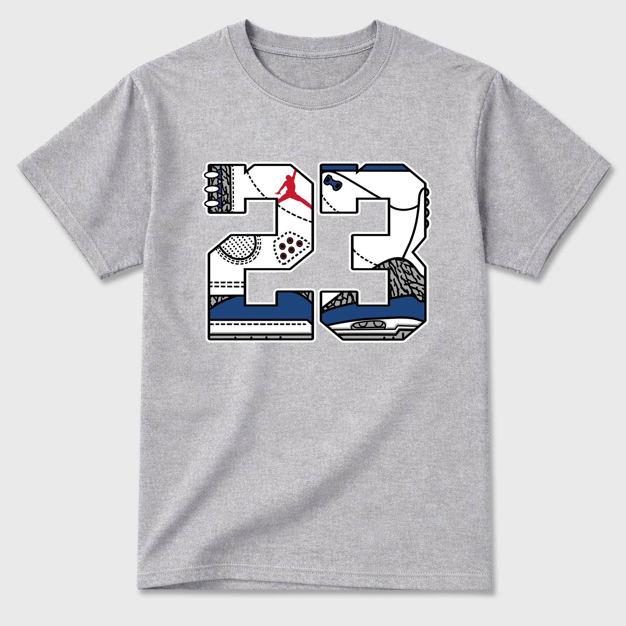 23 Graphic T-Shirt featuring original streetwear artwork designed to match the Air Jordan 3 True Blue. Heather Grey 2 Graphic T-Shirt.