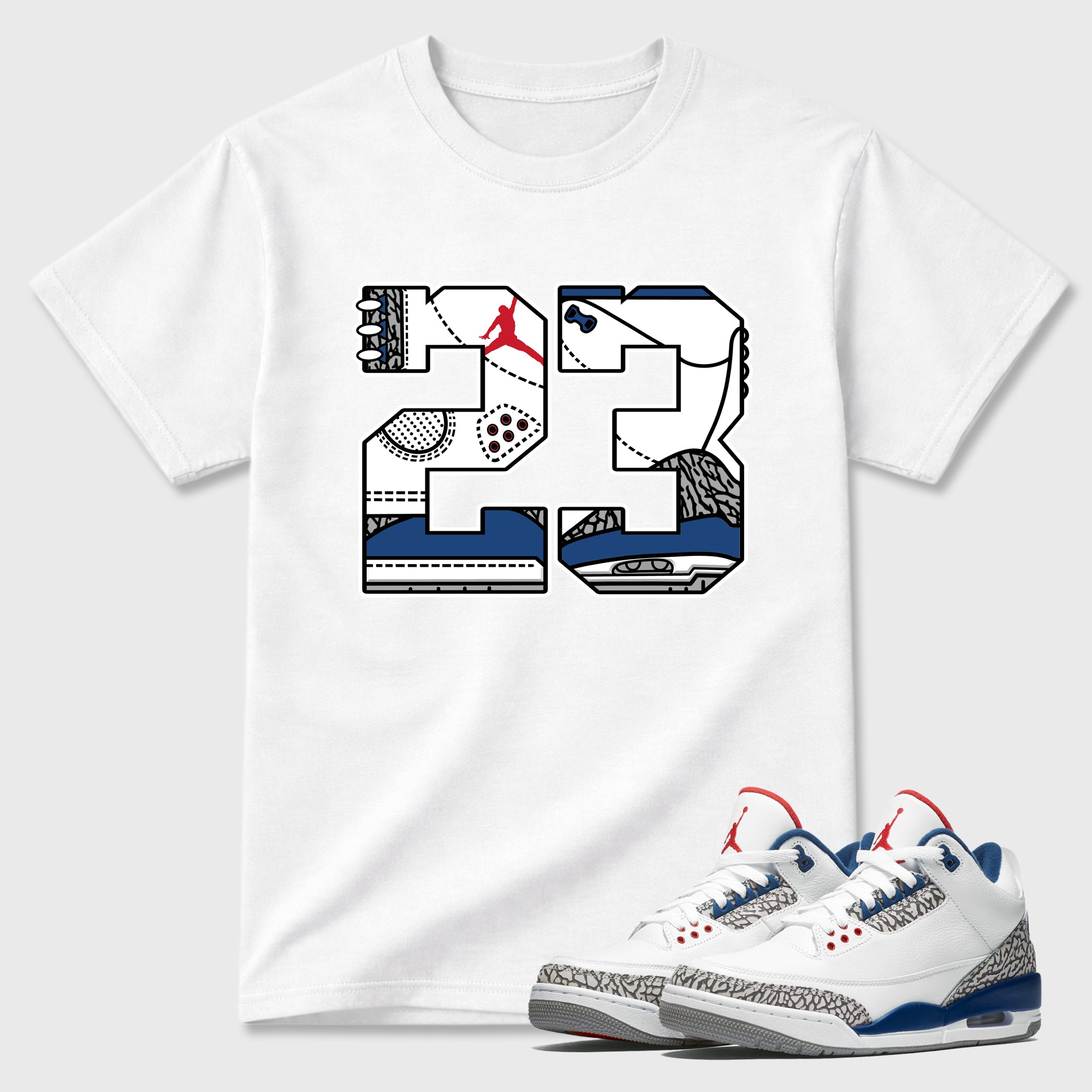 23 Graphic T-Shirt featuring original streetwear artwork designed to match the Air Jordan 3 True Blue. White 1 Graphic T-Shirt.