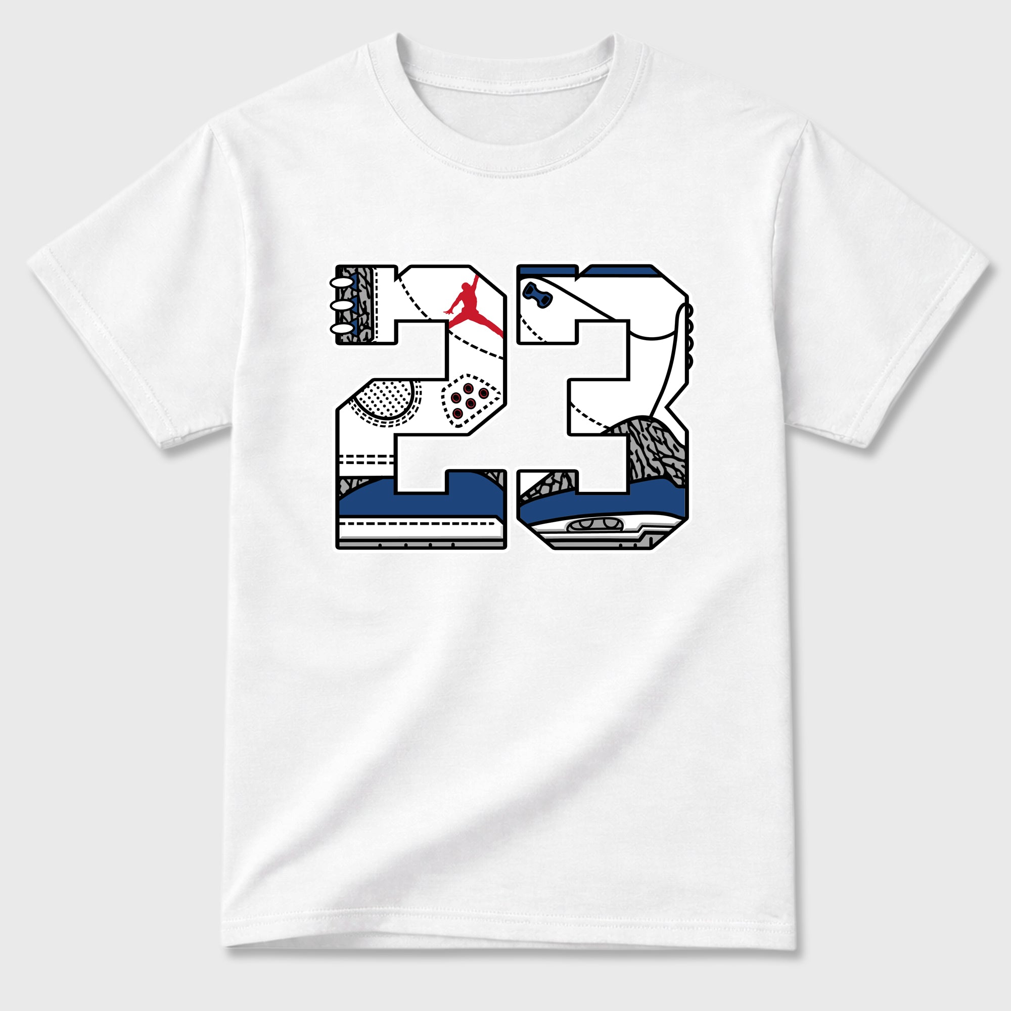23 Graphic T-Shirt featuring original streetwear artwork designed to match the Air Jordan 3 True Blue. White 2 Graphic T-Shirt.