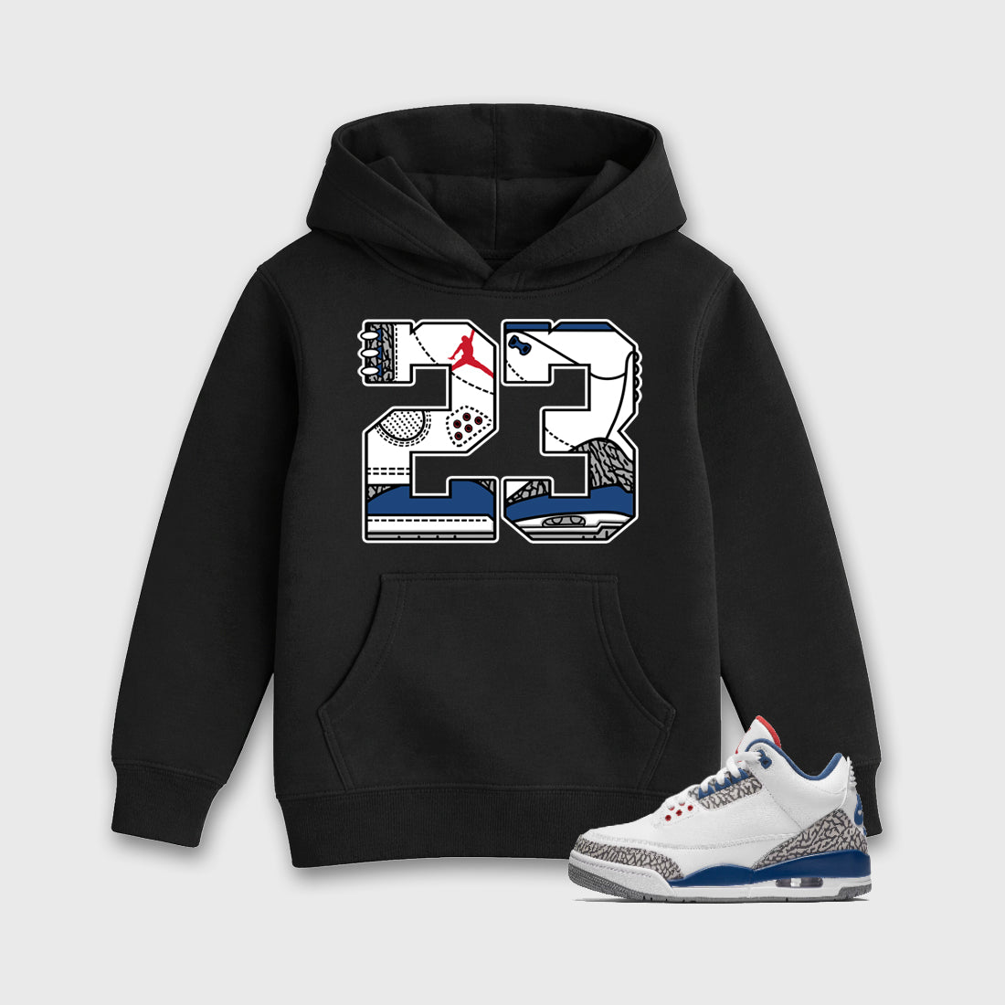 23 Baby & Kids Graphic Hoodie featuring original artwork designed to match the Air Jordan 3 True Blue. Black 1 Kids Graphic Sweater.