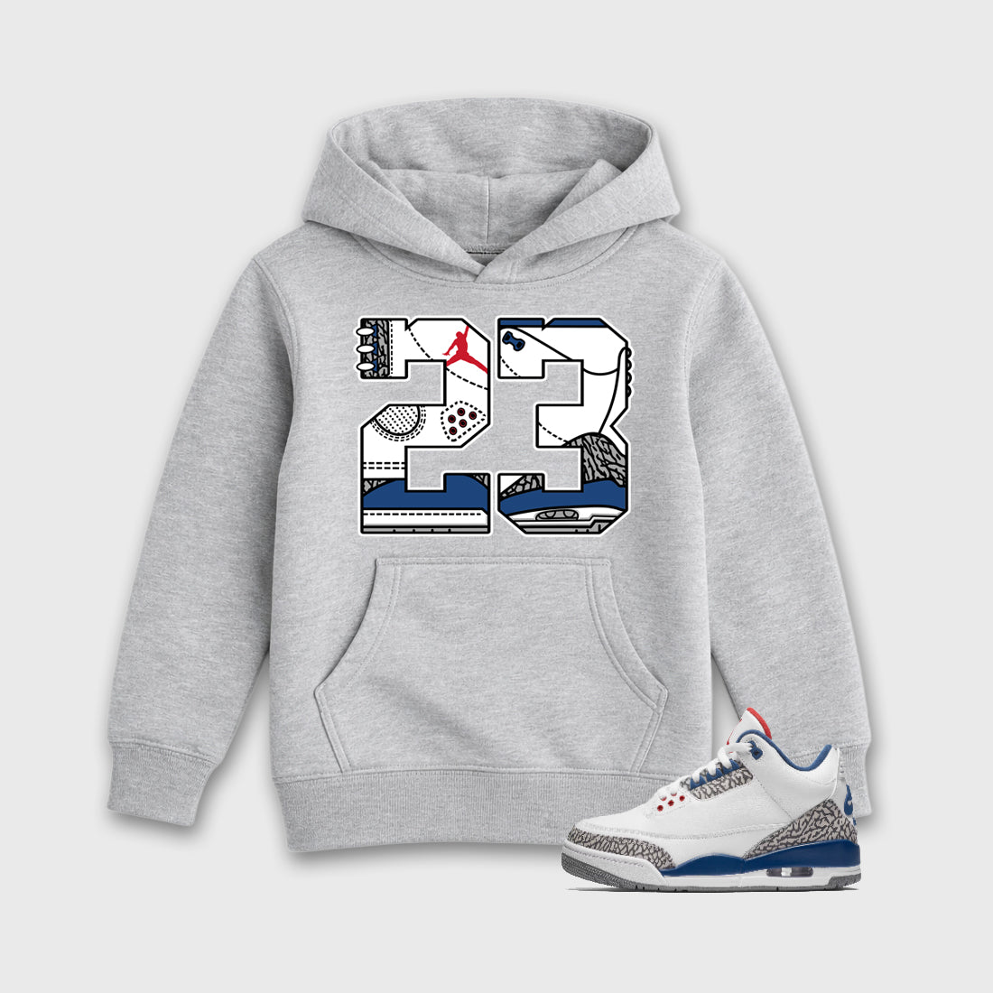 23 Baby & Kids Graphic Hoodie featuring original artwork designed to match the Air Jordan 3 True Blue. Heather Grey 1 Kids Graphic Sweater.