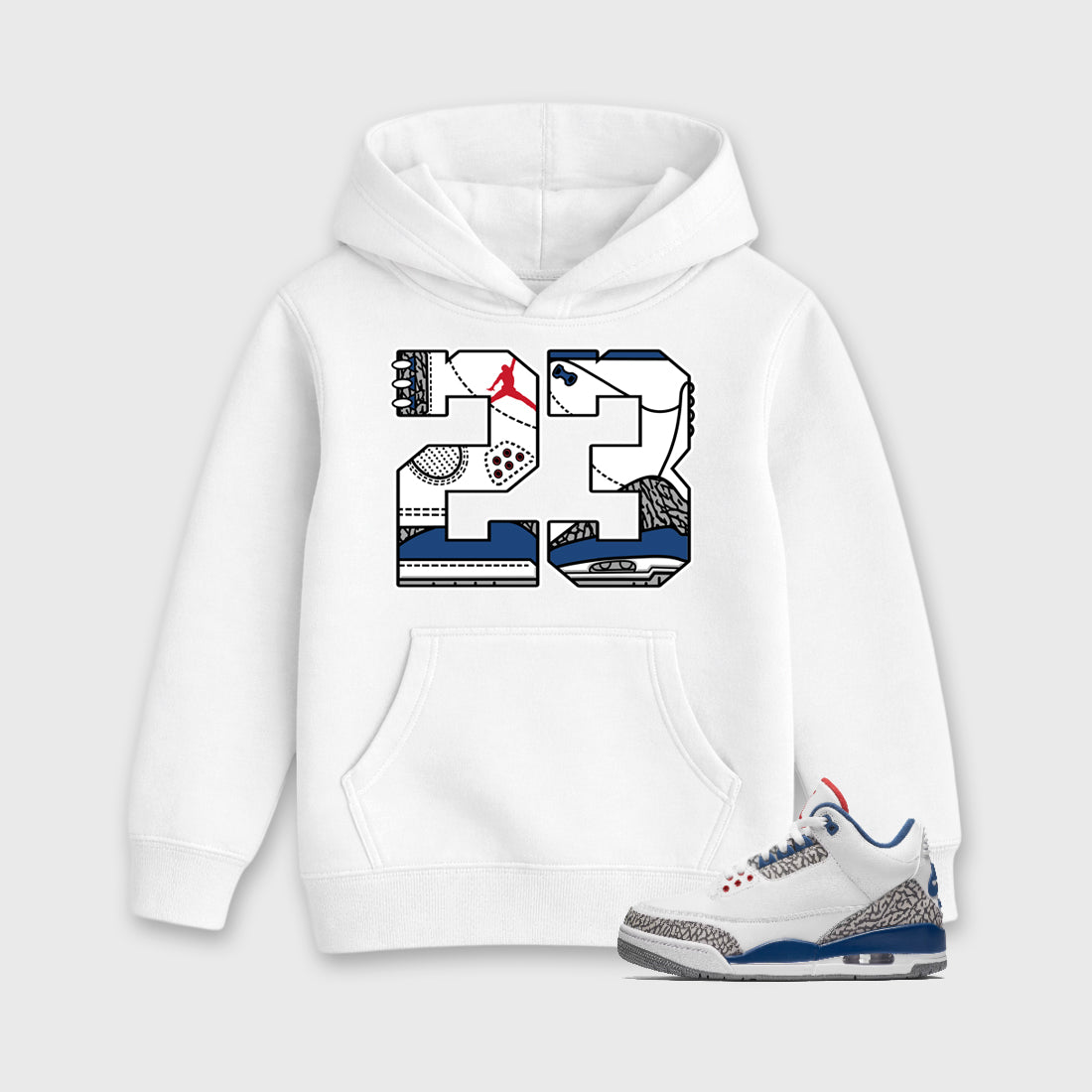 23 Baby & Kids Graphic Hoodie featuring original artwork designed to match the Air Jordan 3 True Blue. White 1 Kids Graphic Sweater.