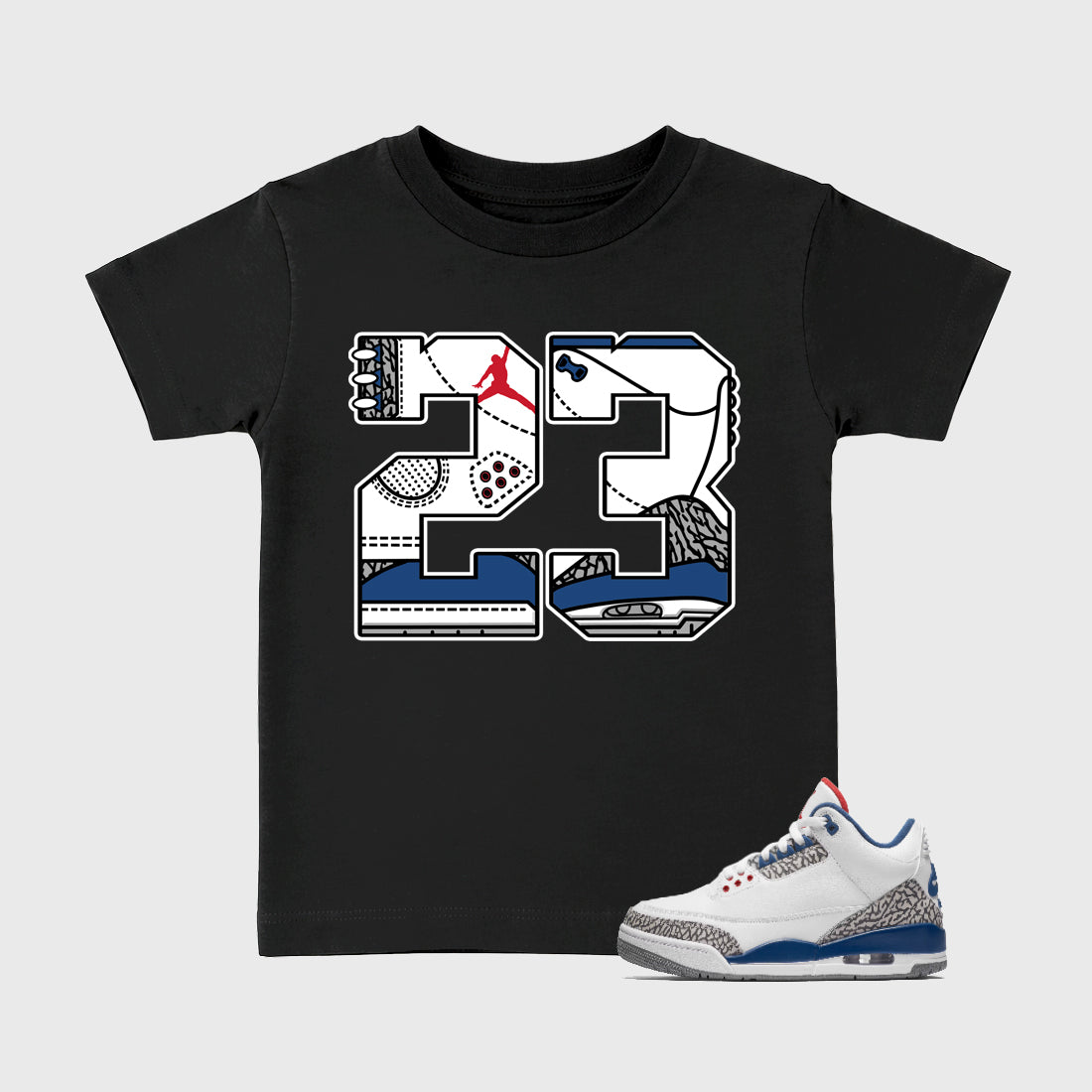 23 Baby & Kids Graphic T-Shirt featuring original artwork designed to match the Air Jordan 3 True Blue. Black 1 Kids Graphic Tee.