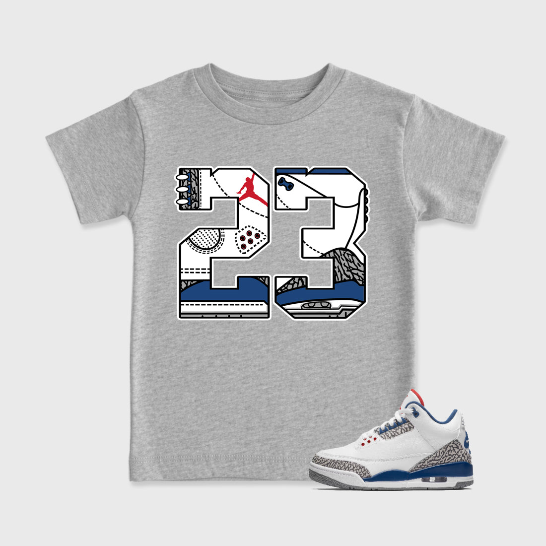 23 Baby & Kids Graphic T-Shirt featuring original artwork designed to match the Air Jordan 3 True Blue. Heather Grey 1 Kids Graphic Tee.