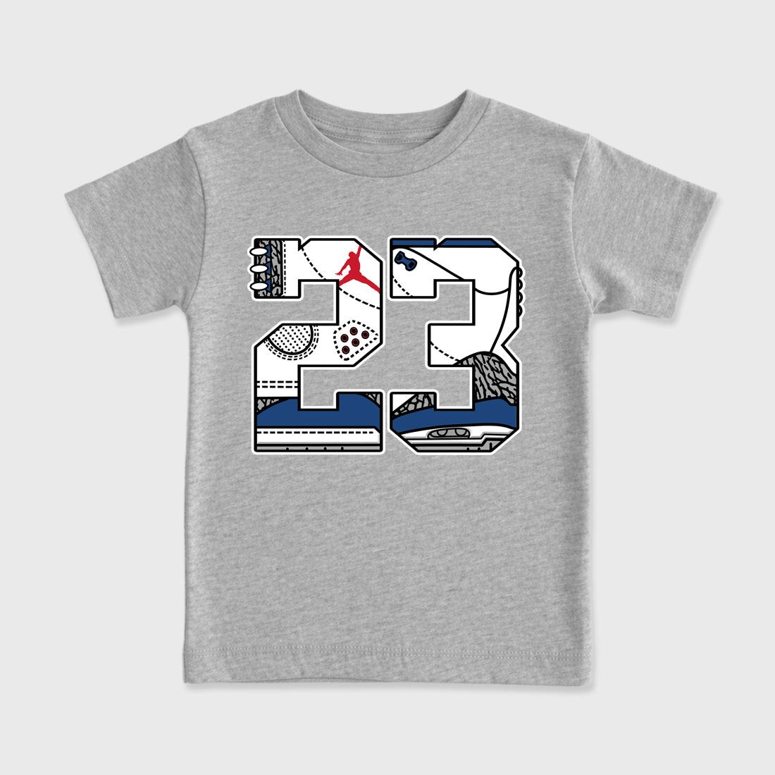 23 Baby & Kids Graphic T-Shirt featuring original artwork designed to match the Air Jordan 3 True Blue. Heather Grey 2 Kids Graphic Tee.