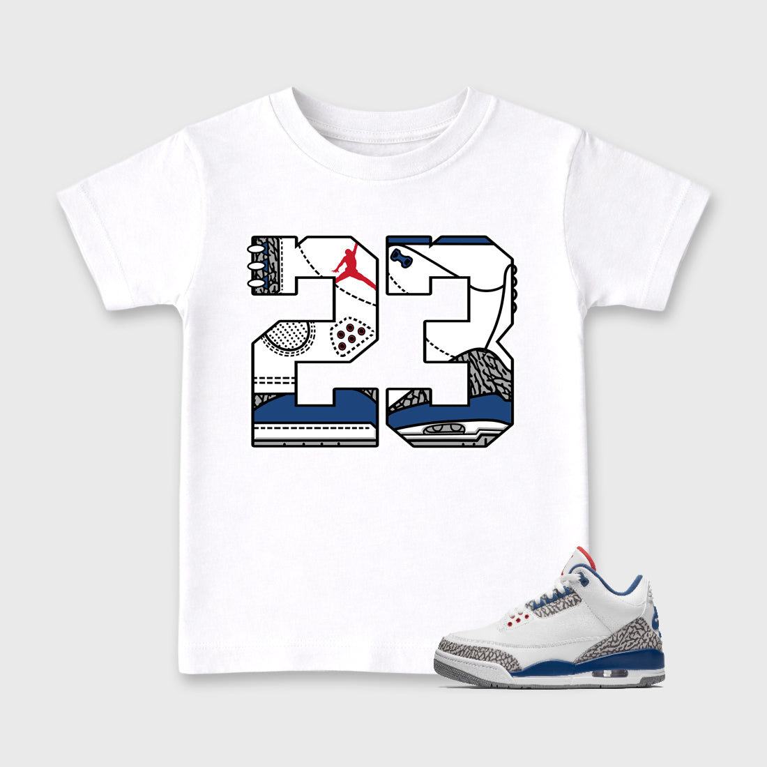 23 Baby & Kids Graphic T-Shirt featuring original artwork designed to match the Air Jordan 3 True Blue. White 1 Kids Graphic Tee.