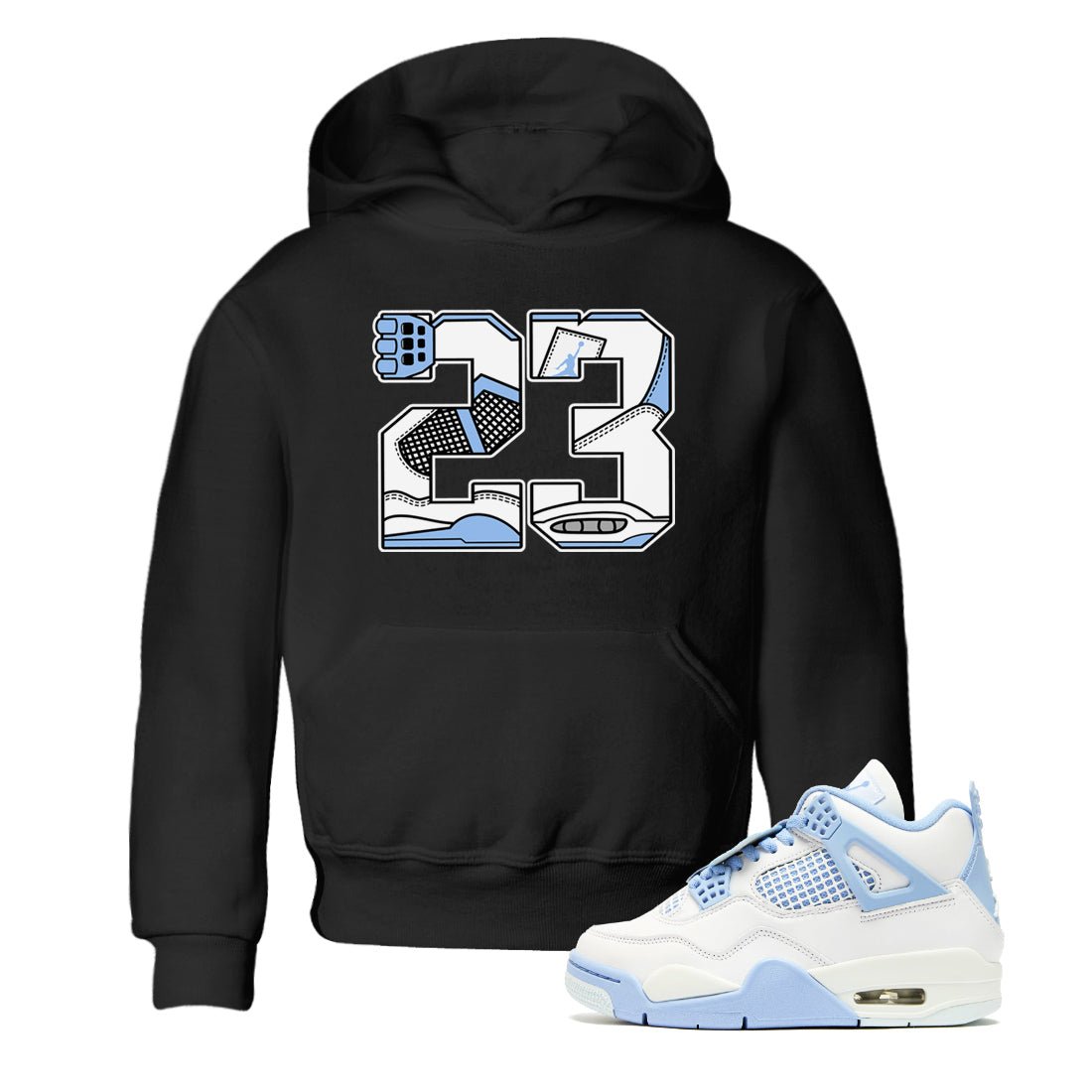 23 baby and kids t-shirt crafted for little sneakerheads to shine with the Air Jordan 4 Aluminum sneakers, displayed in Black 1.