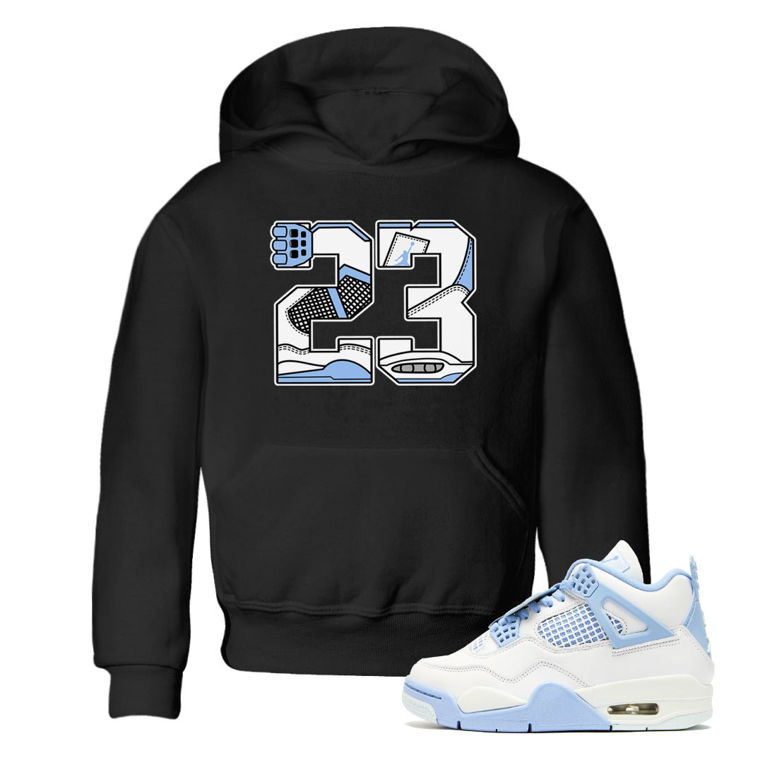 23 baby and kids t-shirt crafted for little sneakerheads to shine with the Air Jordan 4 Aluminum sneakers, displayed in Black 2.