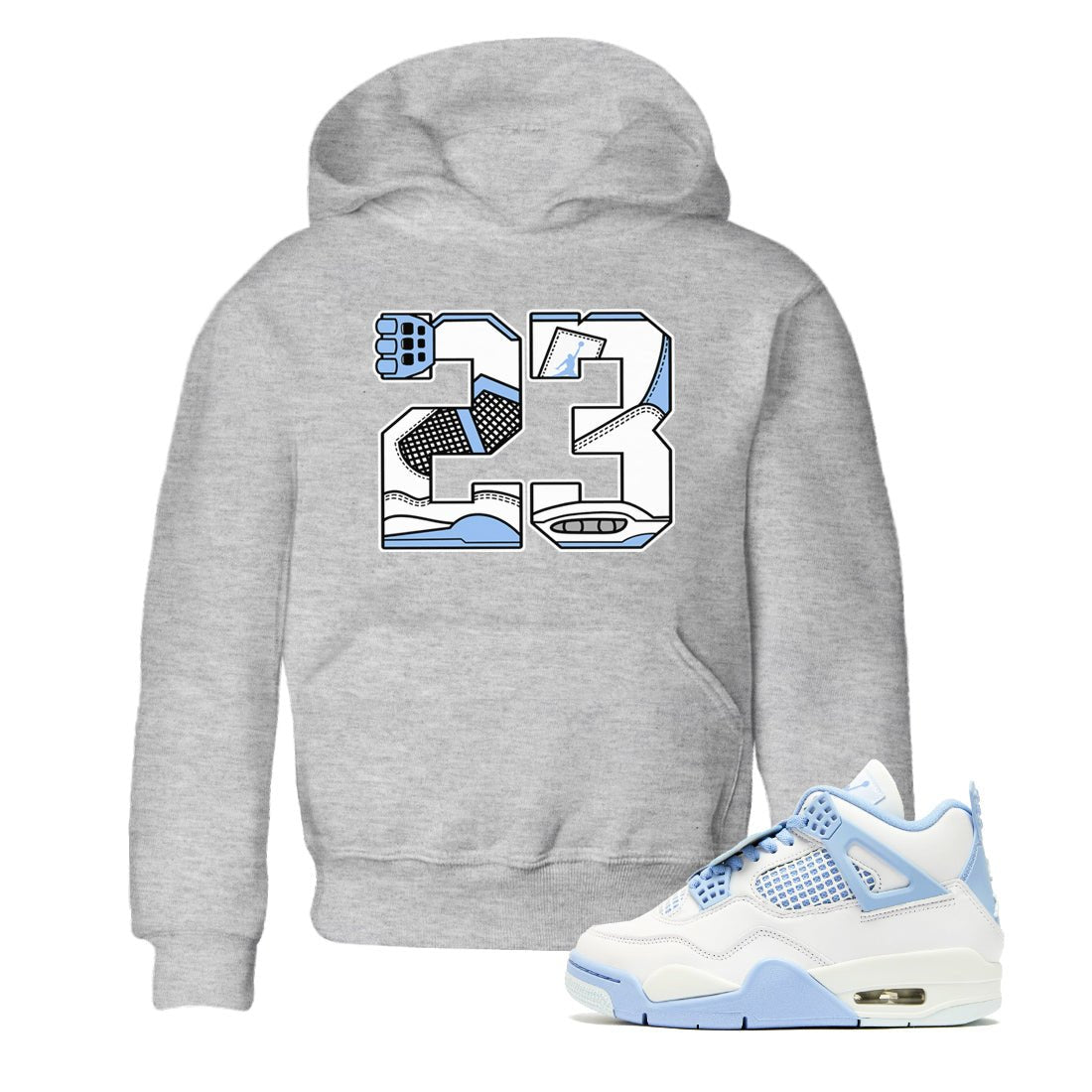 23 baby and kids t-shirt crafted for little sneakerheads to shine with the Air Jordan 4 Aluminum sneakers, displayed in Heather Grey 1.