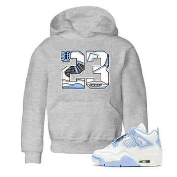 23 baby and kids t-shirt crafted for little sneakerheads to shine with the Air Jordan 4 Aluminum sneakers, displayed in Heather Grey 1.