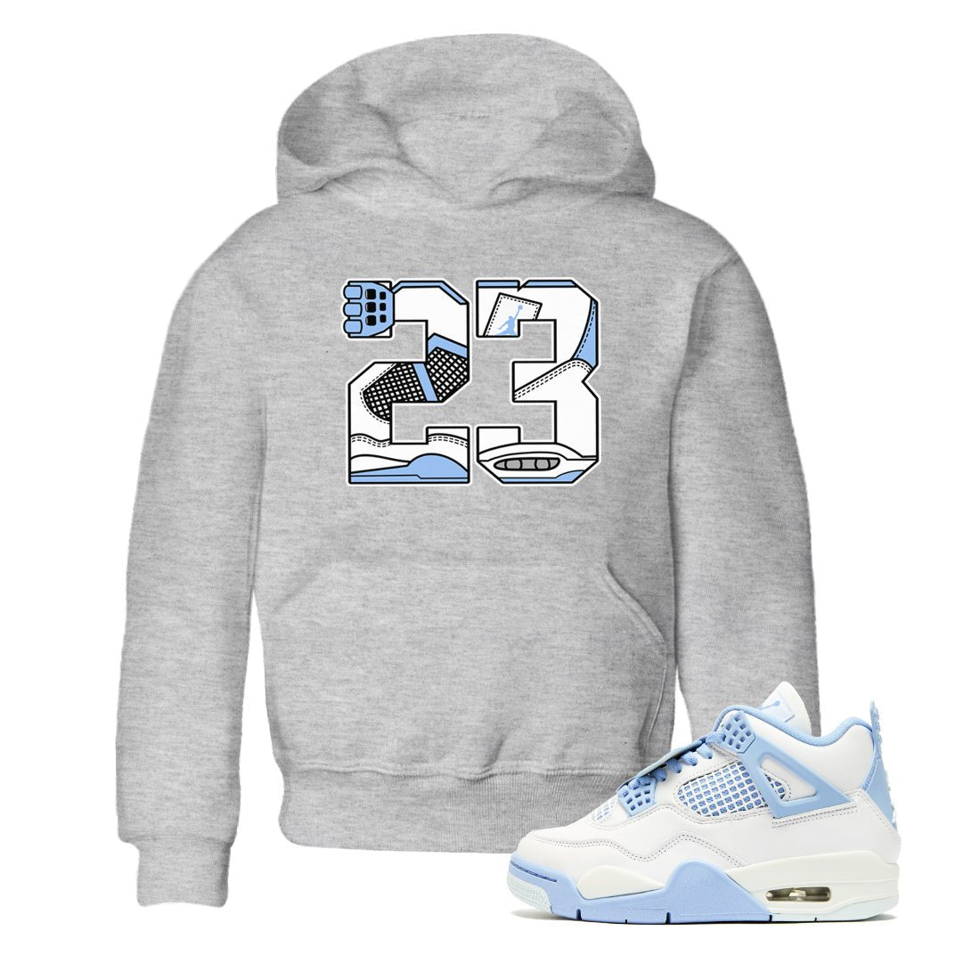 23 baby and kids t-shirt crafted for little sneakerheads to shine with the Air Jordan 4 Aluminum sneakers, displayed in Heather Grey 2.