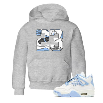 23 baby and kids t-shirt crafted for little sneakerheads to shine with the Air Jordan 4 Aluminum sneakers, displayed in Heather Grey 2.