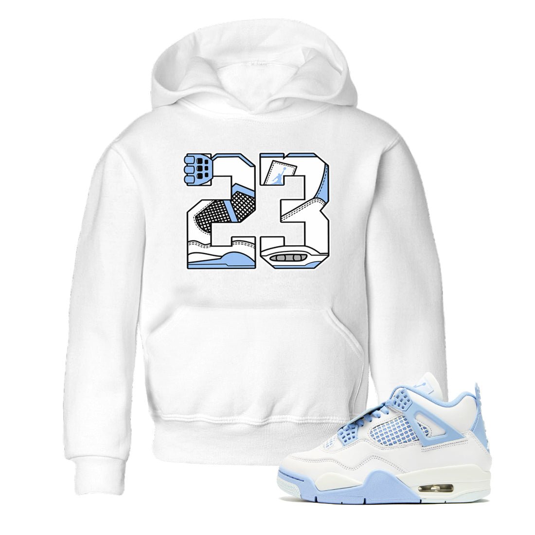 23 baby and kids t-shirt crafted for little sneakerheads to shine with the Air Jordan 4 Aluminum sneakers, displayed in White 1.