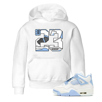 23 baby and kids t-shirt crafted for little sneakerheads to shine with the Air Jordan 4 Aluminum sneakers, displayed in White 1.