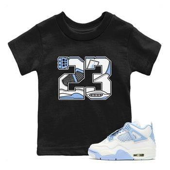 23 baby and kids t-shirt crafted for little sneakerheads to shine with the Air Jordan 4 Aluminum sneakers, displayed in Black 2.