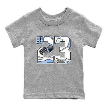 23 baby and kids t-shirt crafted for little sneakerheads to shine with the Air Jordan 4 Aluminum sneakers, displayed in Heather Grey 1.