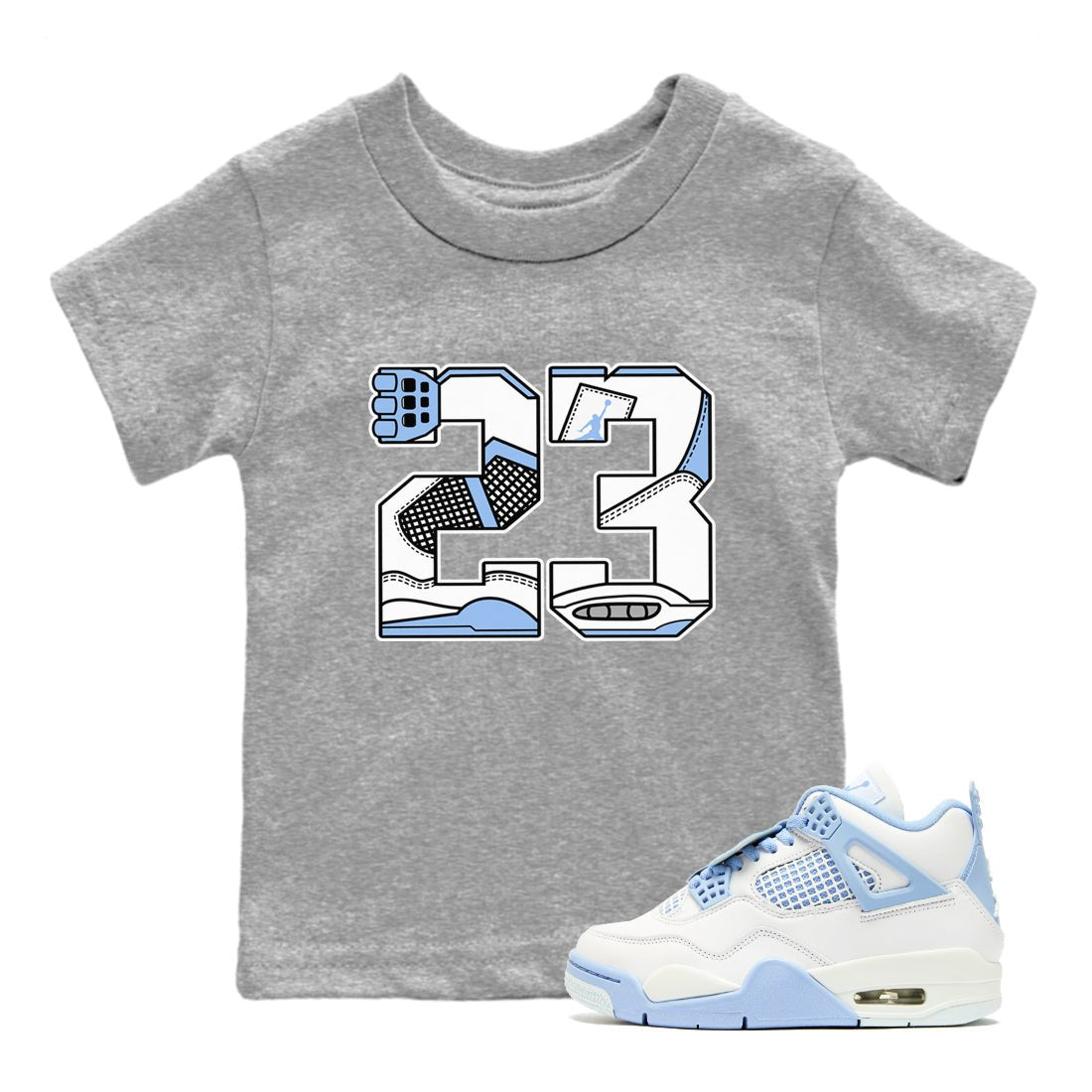 23 baby and kids t-shirt crafted for little sneakerheads to shine with the Air Jordan 4 Aluminum sneakers, displayed in Heather Grey 2.