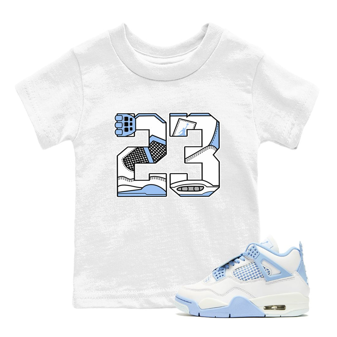 23 baby and kids t-shirt crafted for little sneakerheads to shine with the Air Jordan 4 Aluminum sneakers, displayed in White 2.