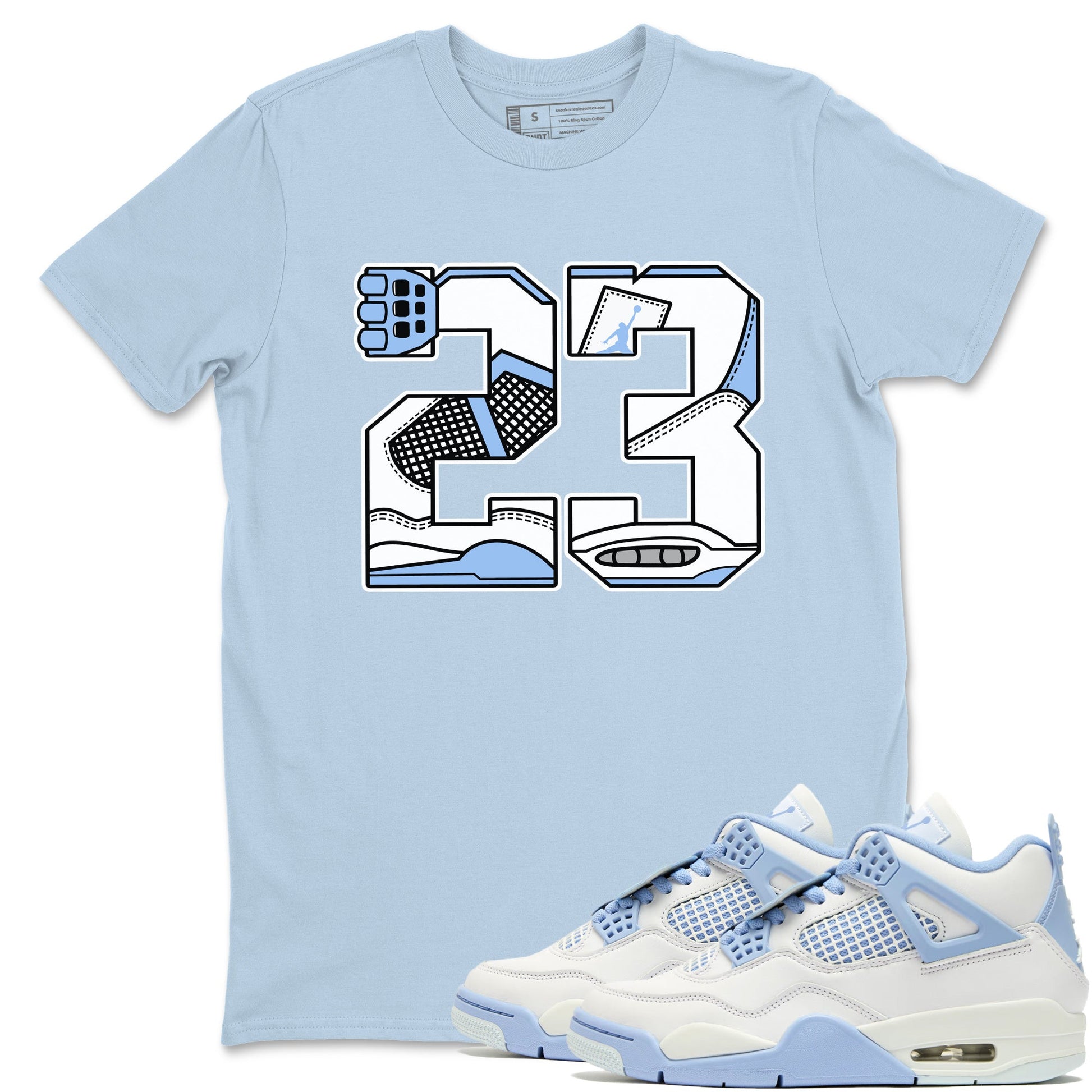 23 sneaker match t-shirt styled to complete your fit with the Air Jordan 4 Aluminum sneakers, shown in Light Blue 1.