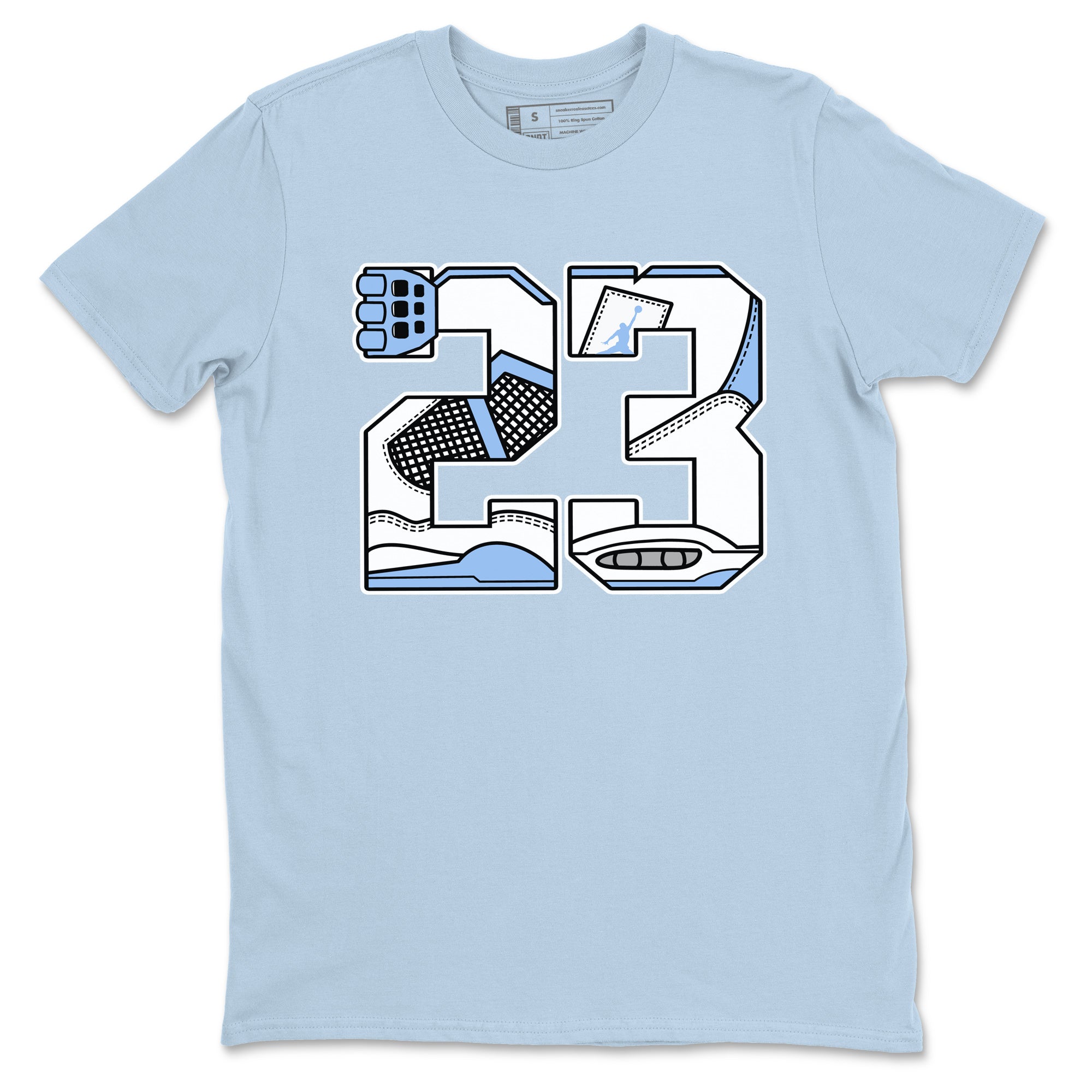 23 sneaker match t-shirt styled to complete your fit with the Air Jordan 4 Aluminum sneakers, shown in Light Blue 2.