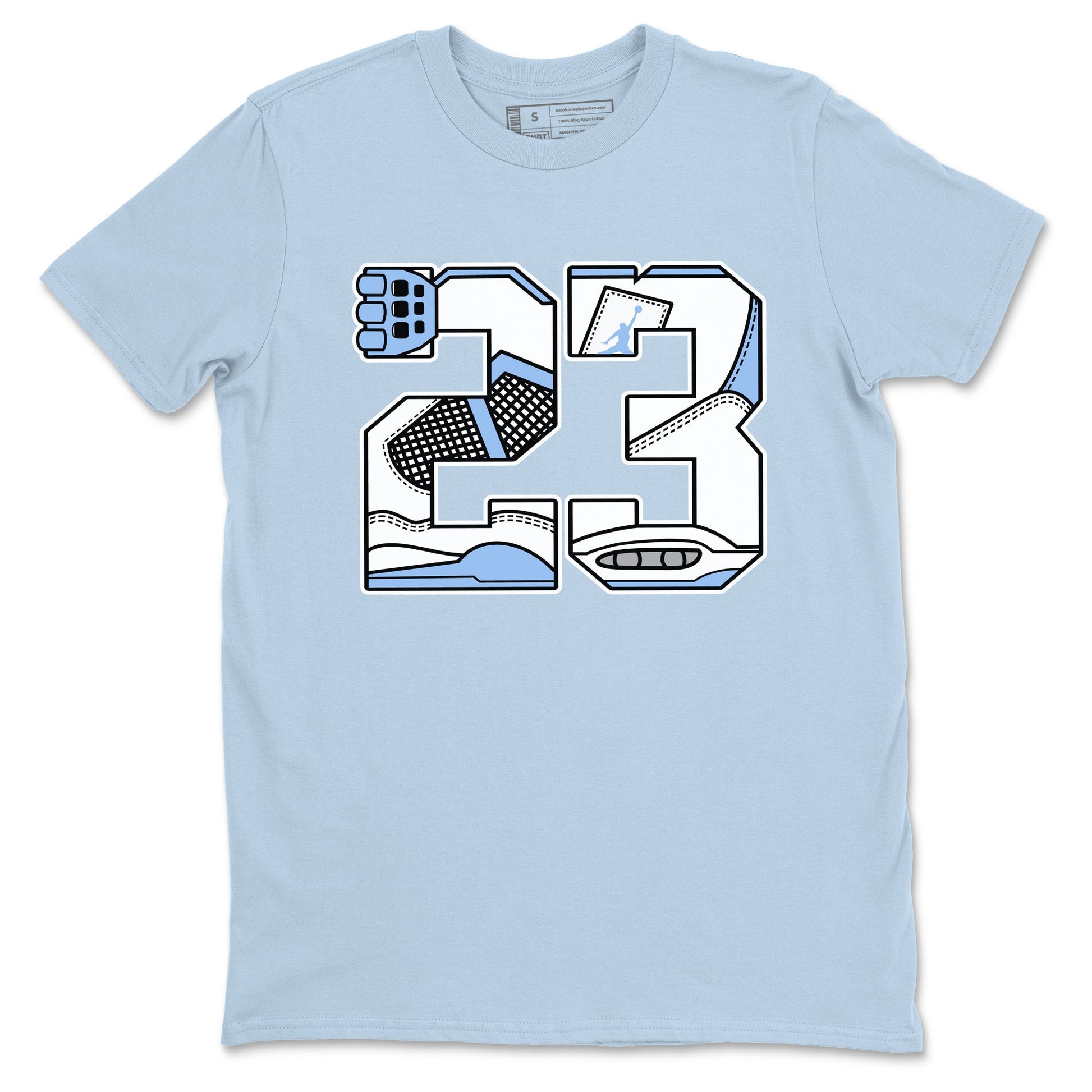 23 sneaker match t-shirt styled to complete your fit with the Air Jordan 4 Aluminum sneakers, shown in Light Blue 2.