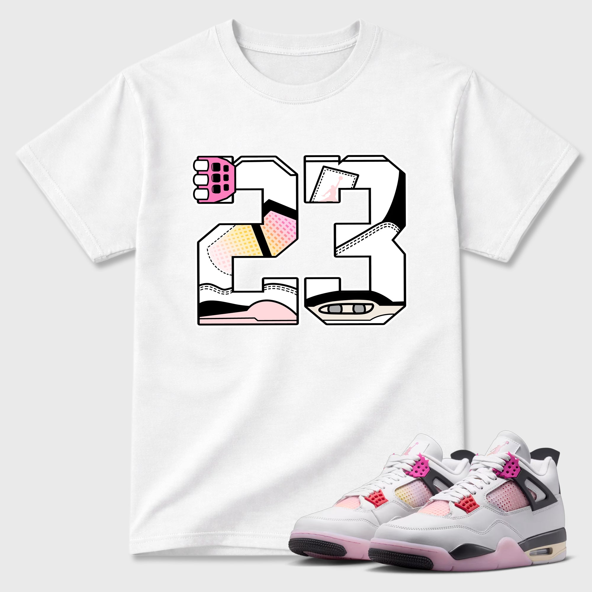 23 Graphic T-Shirt featuring original streetwear artwork designed to match the Air Jordan 4 Comic. White 1 Graphic T-Shirt.