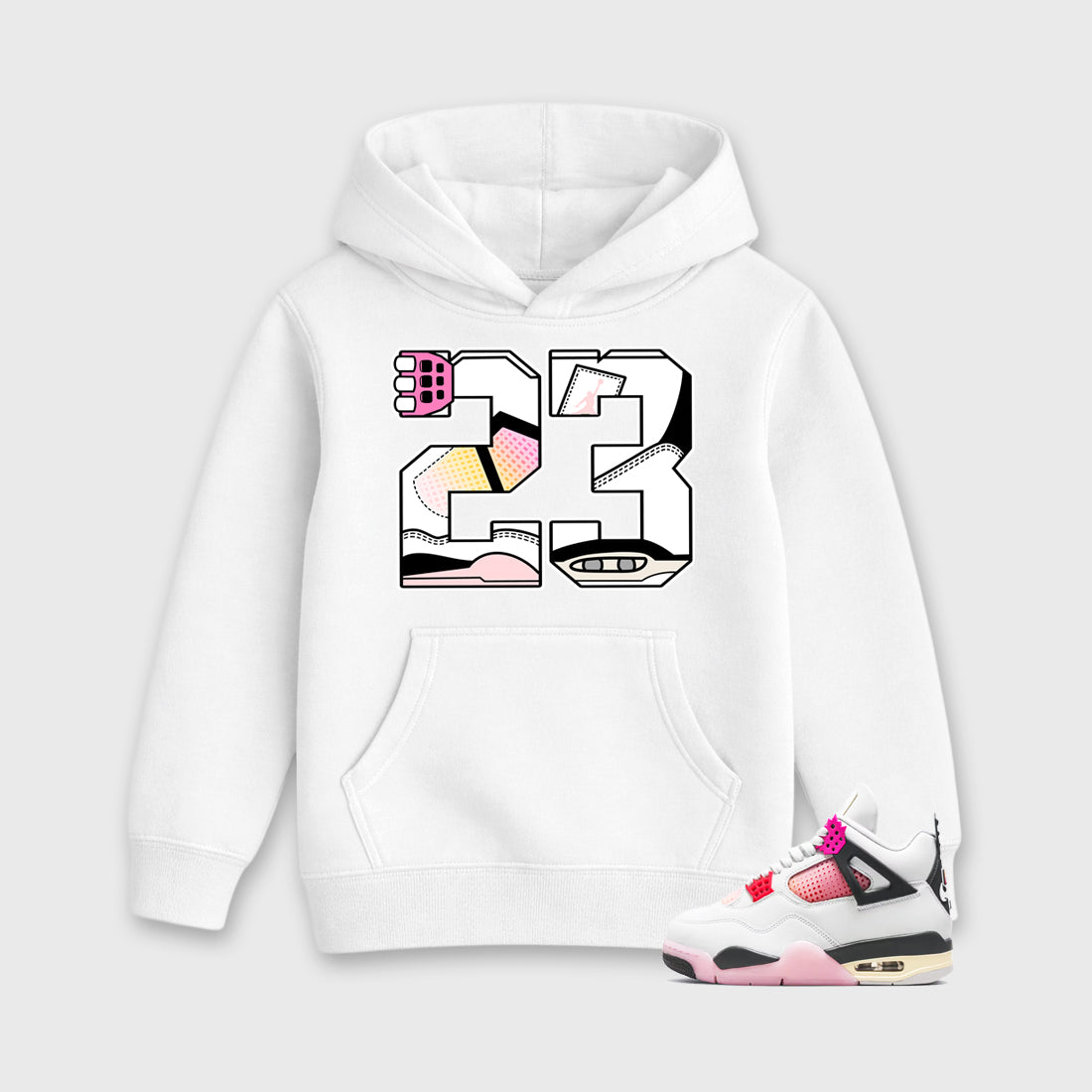 23 Baby & Kids Graphic Hoodie featuring original artwork designed to match the Air Jordan 4 Comic. White 1 Kids Graphic Sweater.