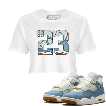 Sneaker match tees – Sneaker Tees To Match 4s Worn Blue Air Jordan 4 Denim Shoes – 23 Crop T-Shirt White 1