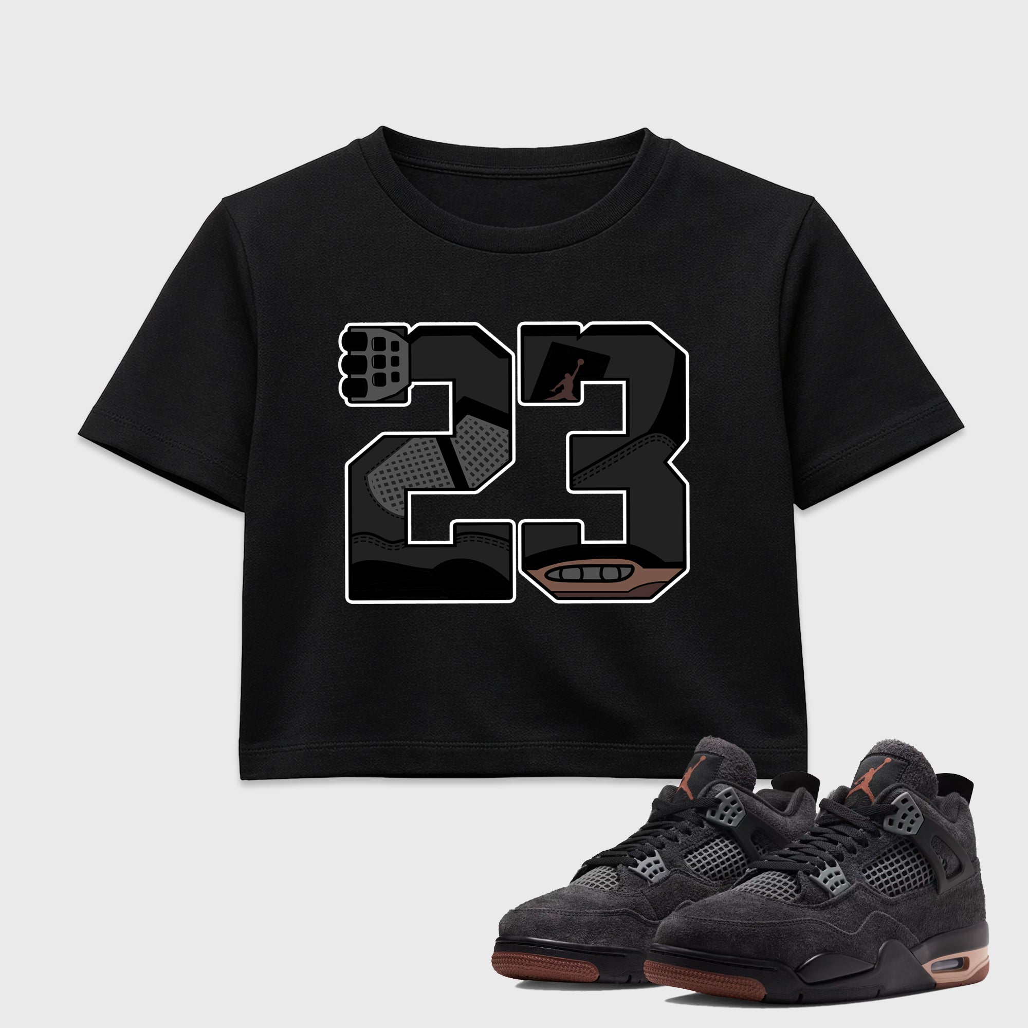 23 women’s crop tee designed to match the Air Jordan 4 London, featuring coordinated Black 1 options for a perfect streetwear vibe.