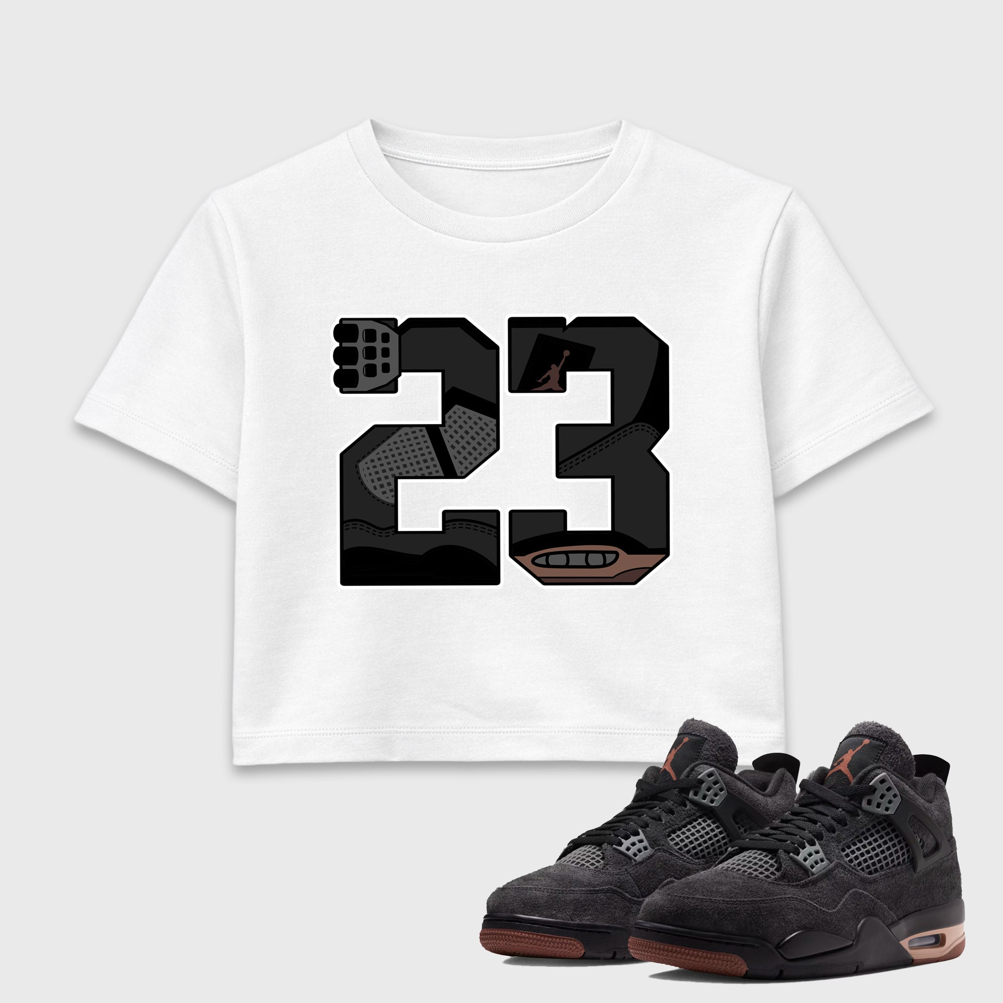 23 women’s crop tee designed to match the Air Jordan 4 London, featuring coordinated White 1 options for a perfect streetwear vibe.