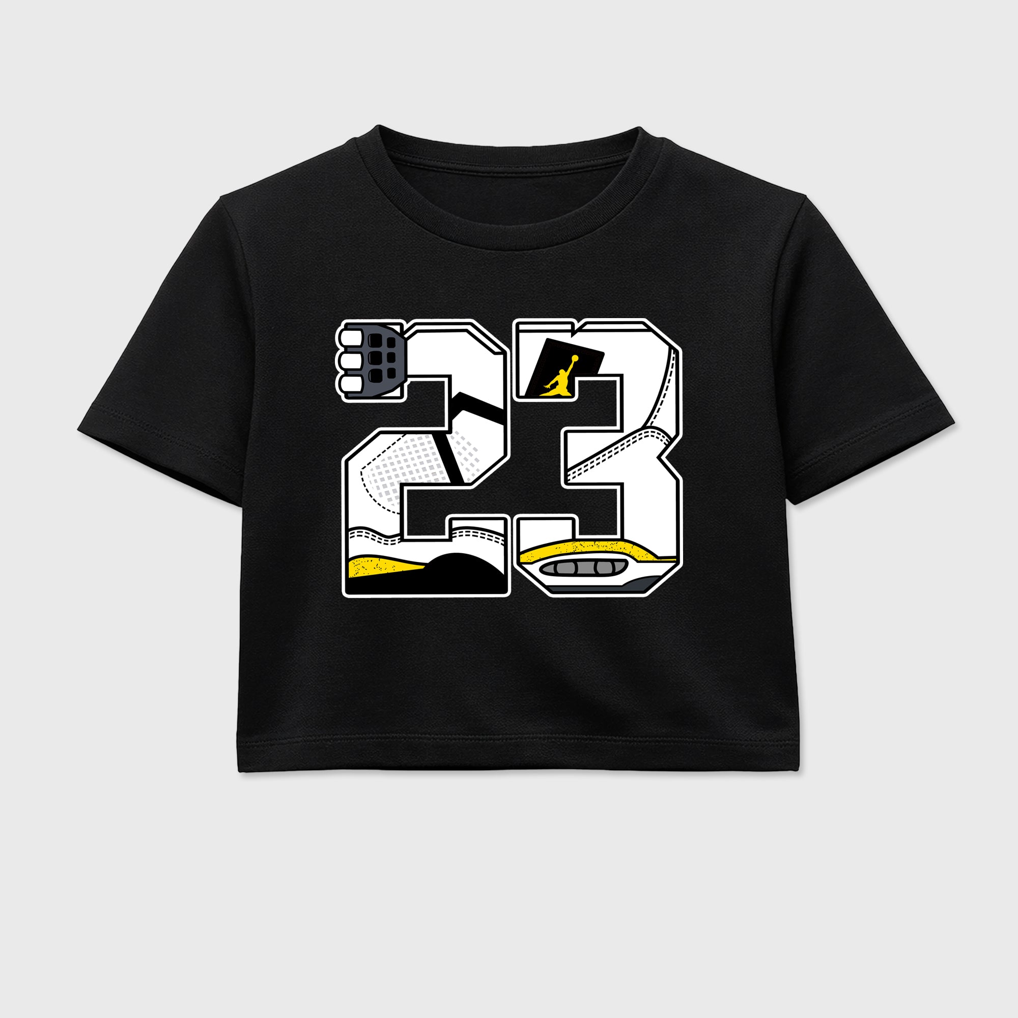 23 women’s crop tee designed to match the Air Jordan 4 Tour Yellow, featuring coordinated Black 2 options for a perfect streetwear vibe.