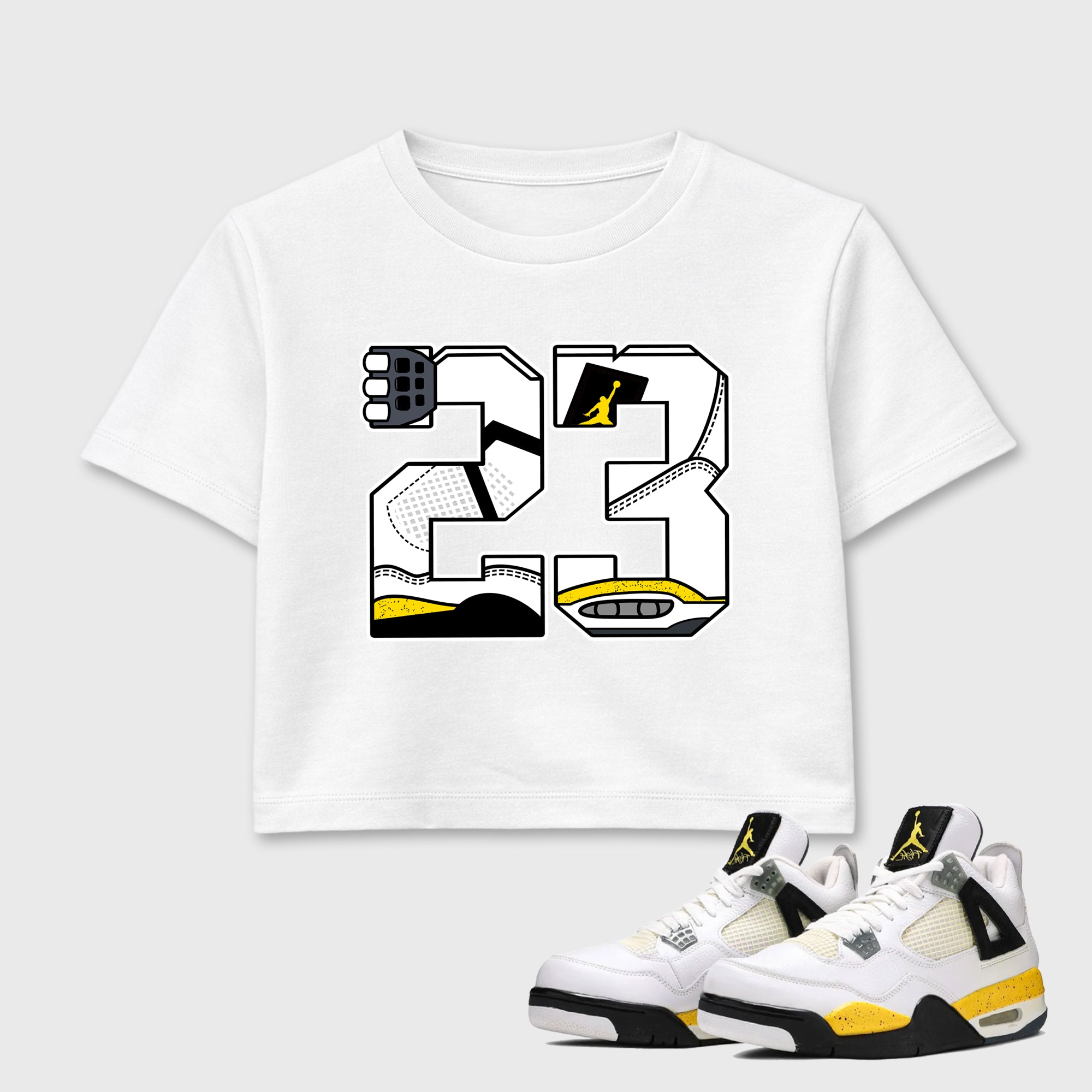 23 women’s crop tee designed to match the Air Jordan 4 Tour Yellow, featuring coordinated White 1 options for a perfect streetwear vibe.